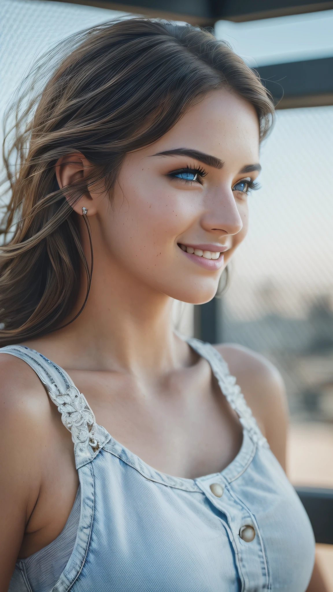 (RAW, analogue, Nikon Z 14mm ultra-wide angle lens, award-winning glamour photograph, ((best quality)), ((masterpiece)), ((realistic)), skin pores, subsurface scattering, radiant light rays, high-res, detailed facial features, high detail, sharp focus, smooth, aesthetic, extremely detailed, (extremely detailed eyes, extremely detailed iris), extremely detailed hair, extremely detailed skin, extremely detailed clothes, octane render, photorealistic, realistic, post-processing, max detail, realistic shadows, roughness, natural skin texture, real life, ultra-realistic, photorealism, photography, 8k UHD, photography, hdr, intricate, elegant, highly detailed, sharp focus, stunning, beautiful, gorgeous), (masterpiece:1.2, best quality1:1, ultra-detailed:1.2, best shadow, 8k:1.1), (massive city:1.3, rooftop:1.1, city structures below, handrails), (contrasting background, bright background), (beautiful detailed face), high contrast, (perfect illumination:1.2, beautiful color, delicate color), ((cinematic light)), colorful, hyper detail, dramatic light, intricate details, (1 girl, solo, brown hair, smiling face, short hair, wavy hair:1.1, blue eyes, dynamic angle, white tanktop, jeans, cowboy shot, arms down), depth of field