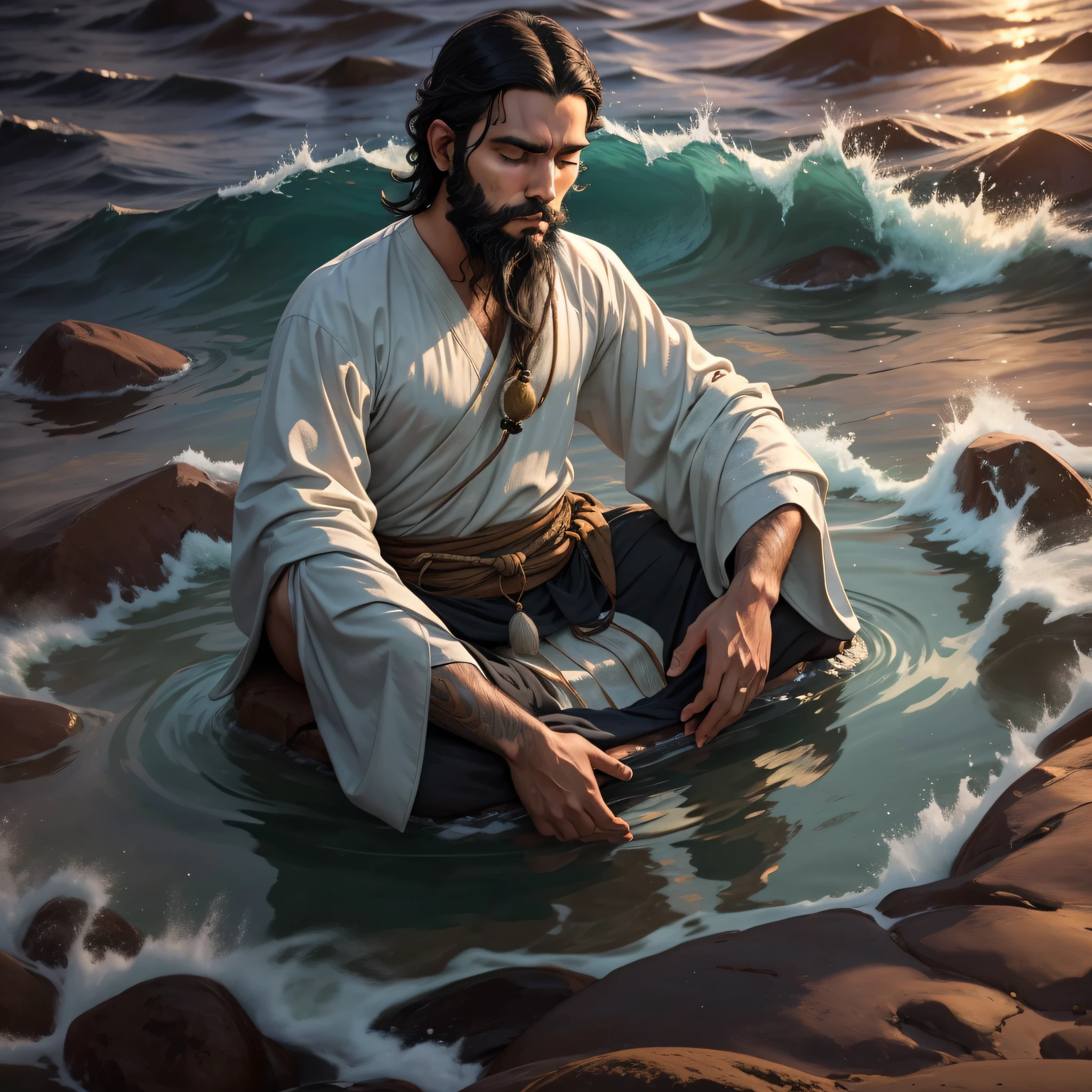 Man with black hair and beard meditating in the sea