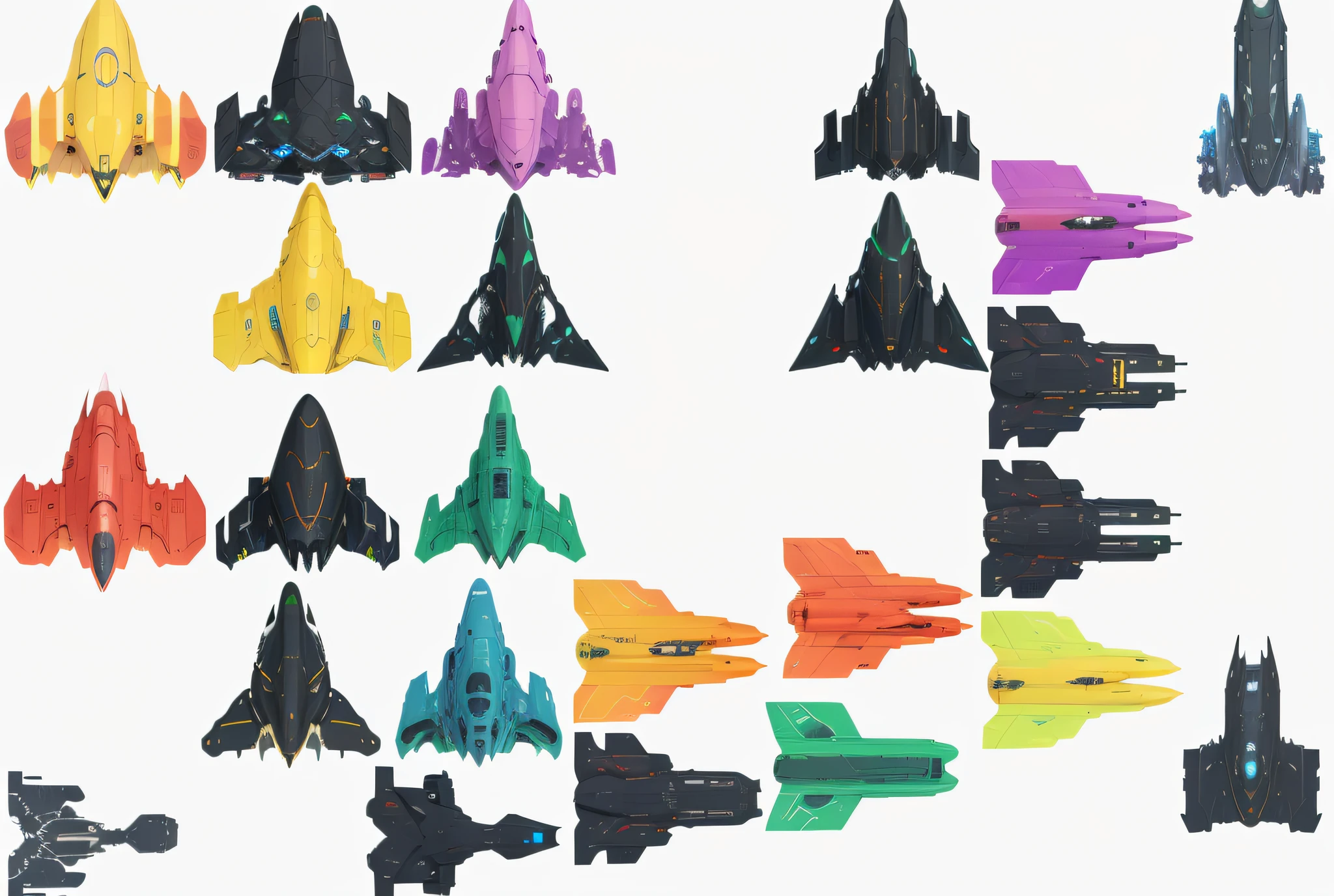 A bunch of different color shapes top-down view combat aircraft close-up, generative art, sense of technology, spaceship, spaceship, alien spaceship, set of high quality HD sprites, sprite watches, parked spaceships, large spaceships, fighter game ets, combat aircraft, small spaceships, flat no perspective --auto --s2