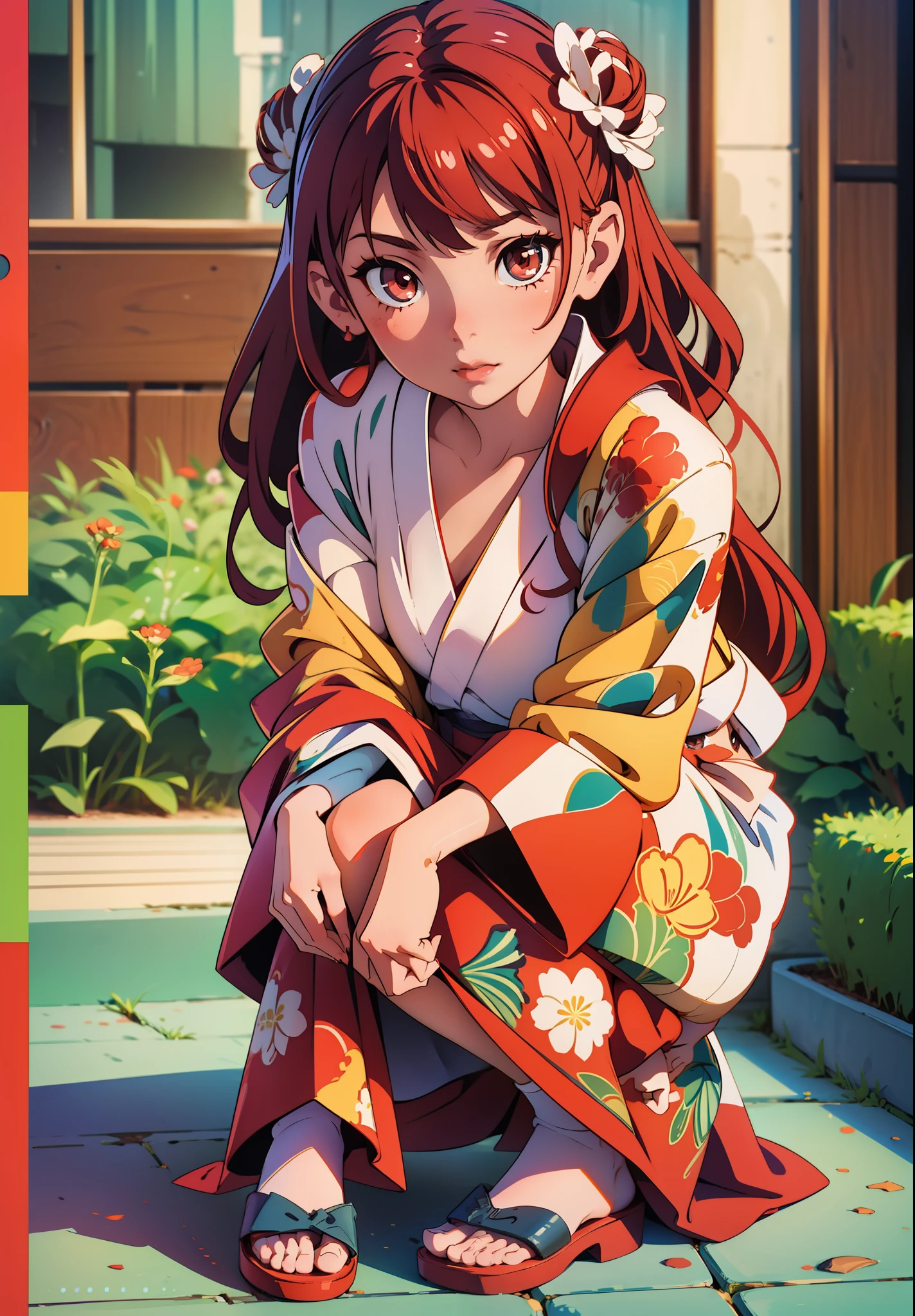 Beautiful girl in red and white yukata crouching and touching hair with one hand, looking at camera, background blur,