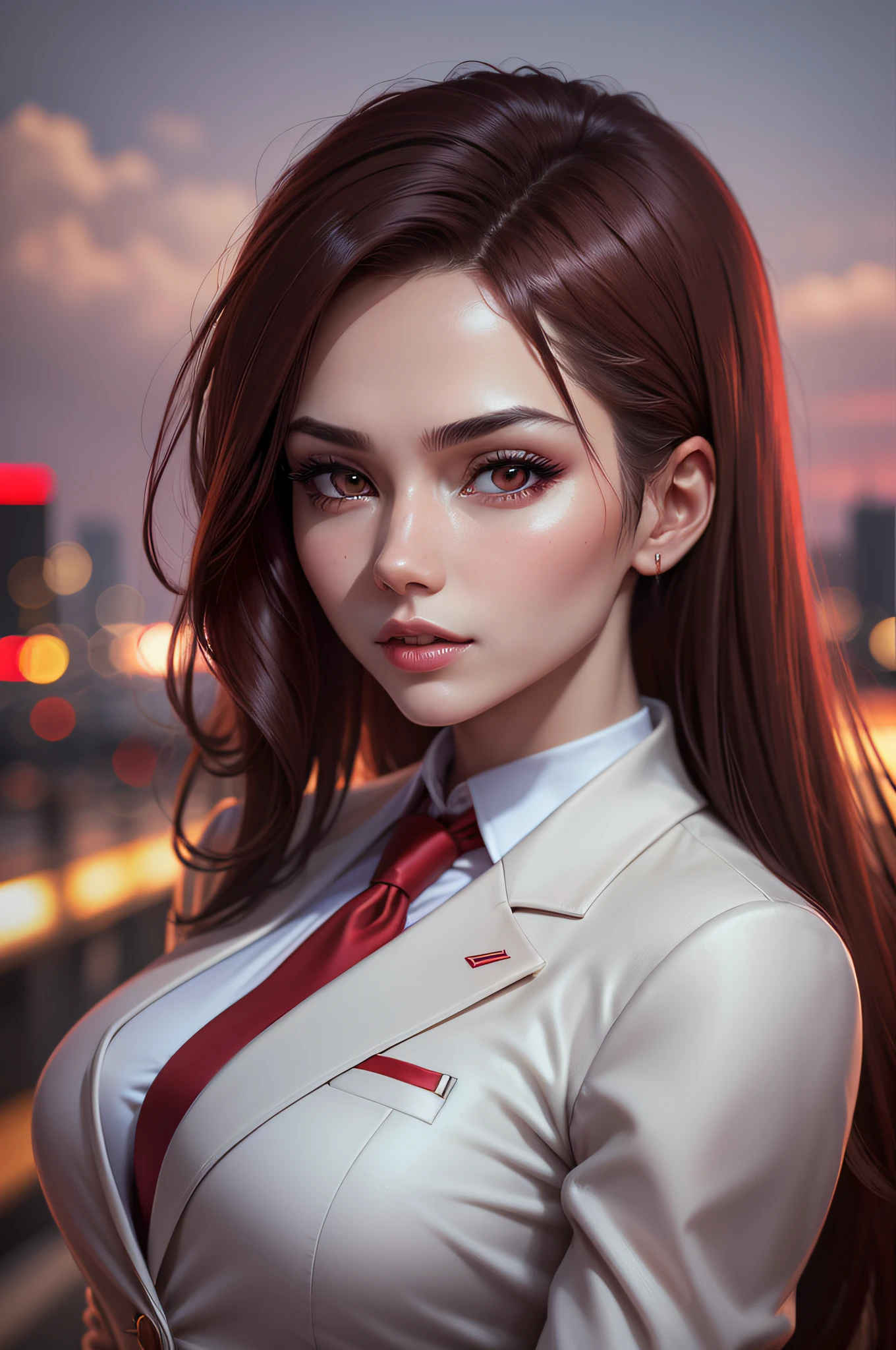 Woman wearing red business suit ((Best quality, 8k, Masterpiece :1.3)), dramatic lighting, pretty woman, 1girl, (firm abs, slender figure :1.1), lustful, dark brown hair, ultra-detailed face, detailed lips, detailed eyes, double eyelid, --auto --s2