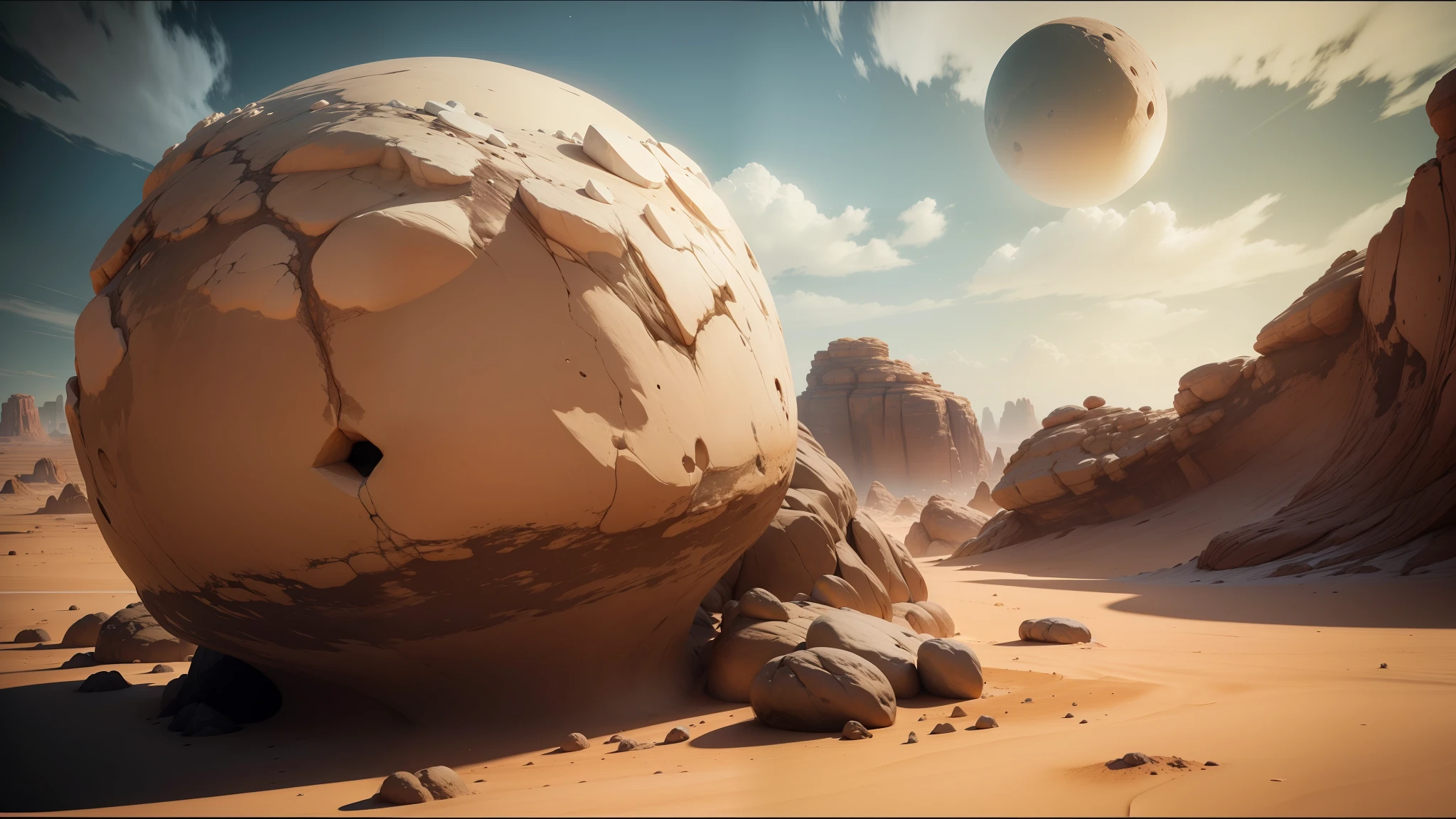 there is a large rock in the middle of a desert, unreal engine 5 : :, exoplanet landscape, by Glennray Tutor, unity3d, video game screenshot>, sci - fi : :, cg society contest winner, panoramic anamorphic, videogame cover art, rendered in unity 3 d, inspired by Roelof van Vries, white desert --auto --s2