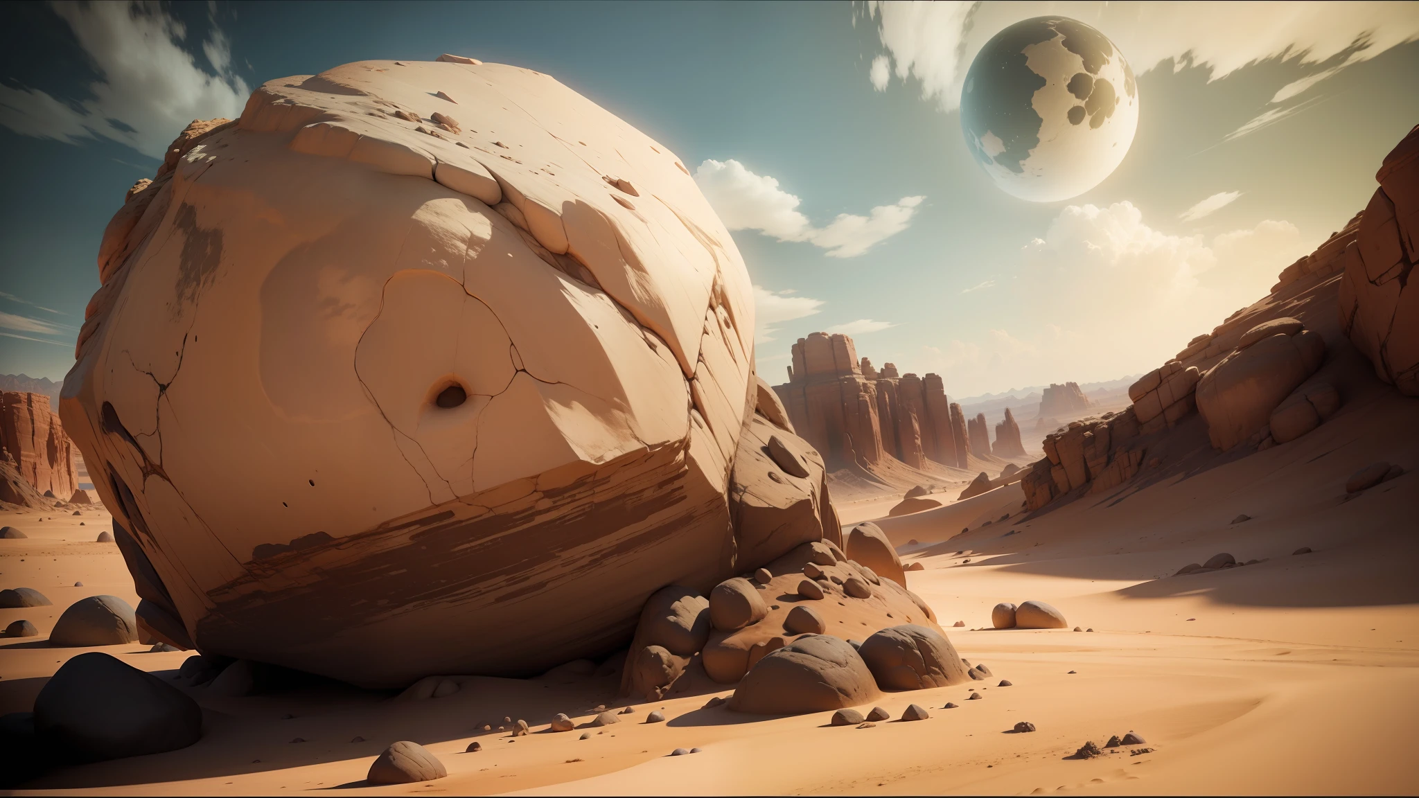 there is a large rock in the middle of a desert, unreal engine 5 : :, exoplanet landscape, by Glennray Tutor, unity3d, video game screenshot>, sci - fi : :, cg society contest winner, panoramic anamorphic, videogame cover art, rendered in unity 3 d, inspired by Roelof van Vries, white desert --auto --s2