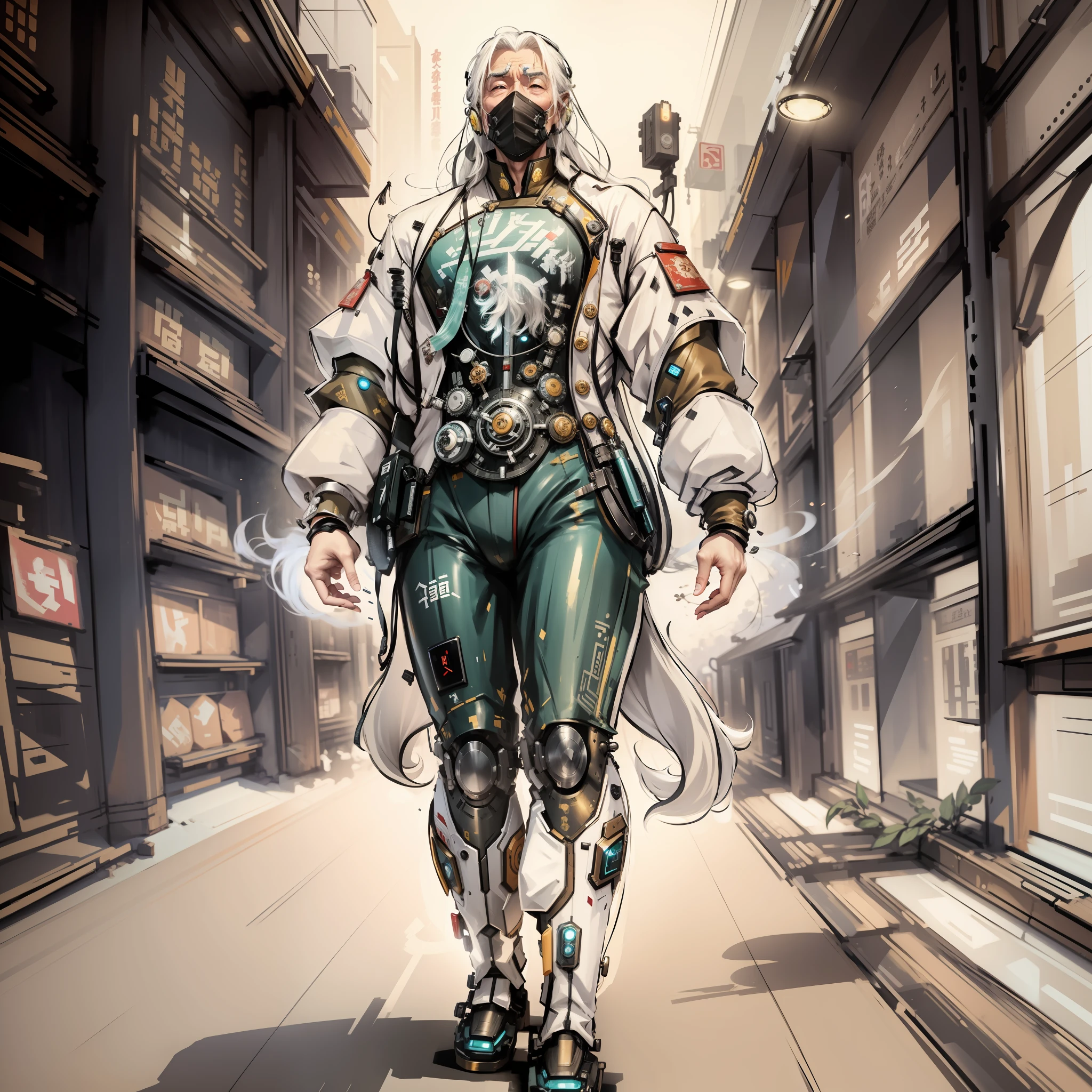 Older man, Chinese style, long white hair, cyberpunk, vintage clothing, HD, mecha, full body,