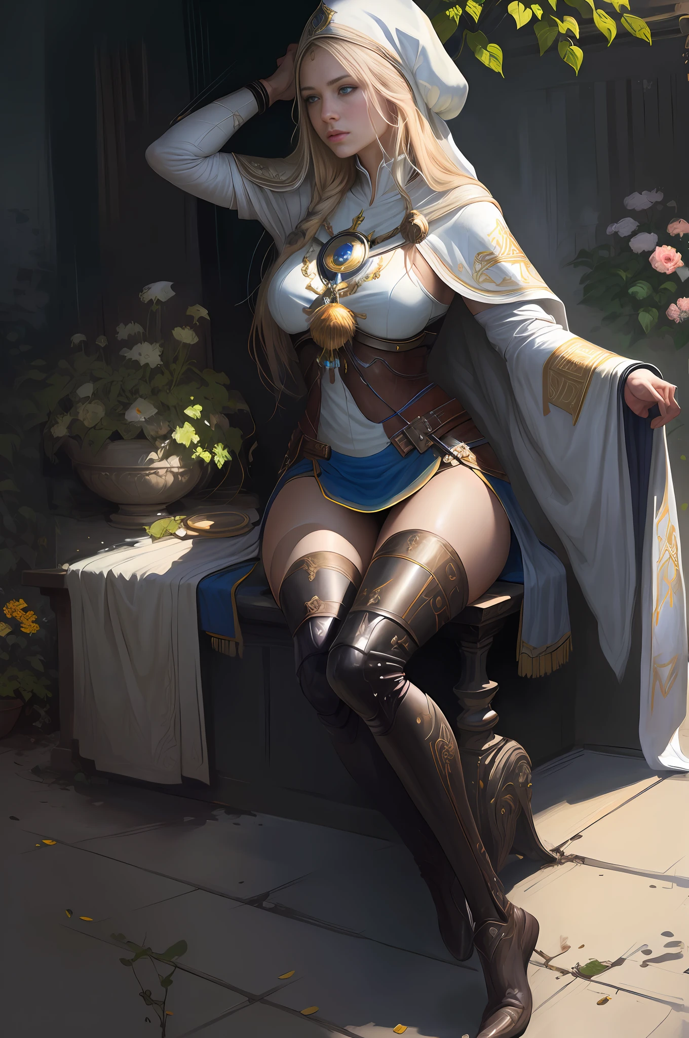 masterpiece, realistic, realism, photorealism, high contrast, photorealistic digital art trending on Artstation 8k HD high definition detailed realistic, young beautiful woman, petite, very small perky breasts, ((blue eyes)), blonde knee long hair, tight white boots, white knee high socks, ((priestess)), parted lips, art by artgerm and ruan jia and greg rutkowski surreal painting, detailed, skin texture, hyper-detailed, realistic skin texture, side view, garden, praying, head down, sitting,