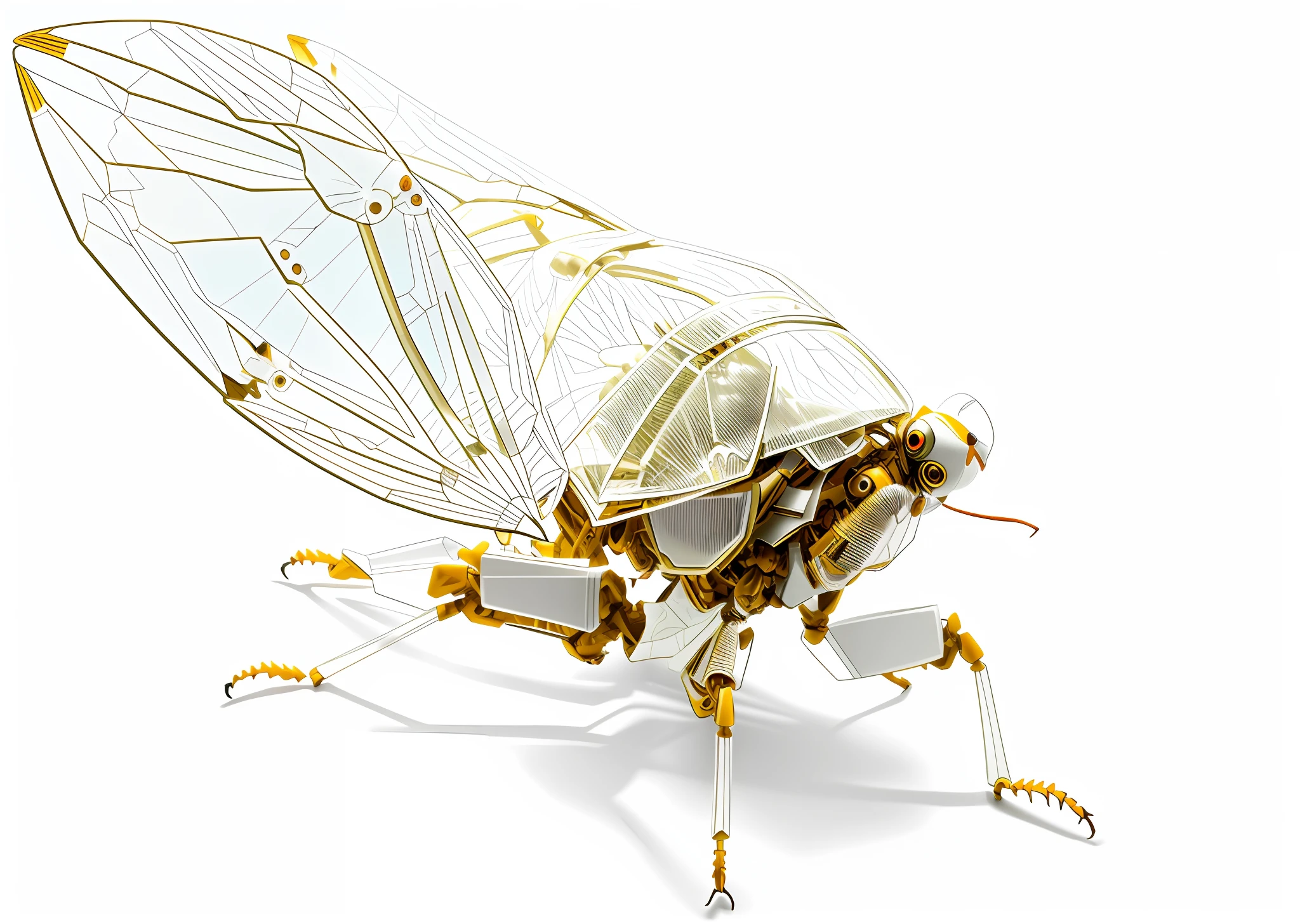 Cicada wings, insect-like, insect, forearm folded, giant bug, dvMech, mecha, mechanical body, transparent wings. 85mm, f1.8, machine style, smooth ceramic, pure white background,