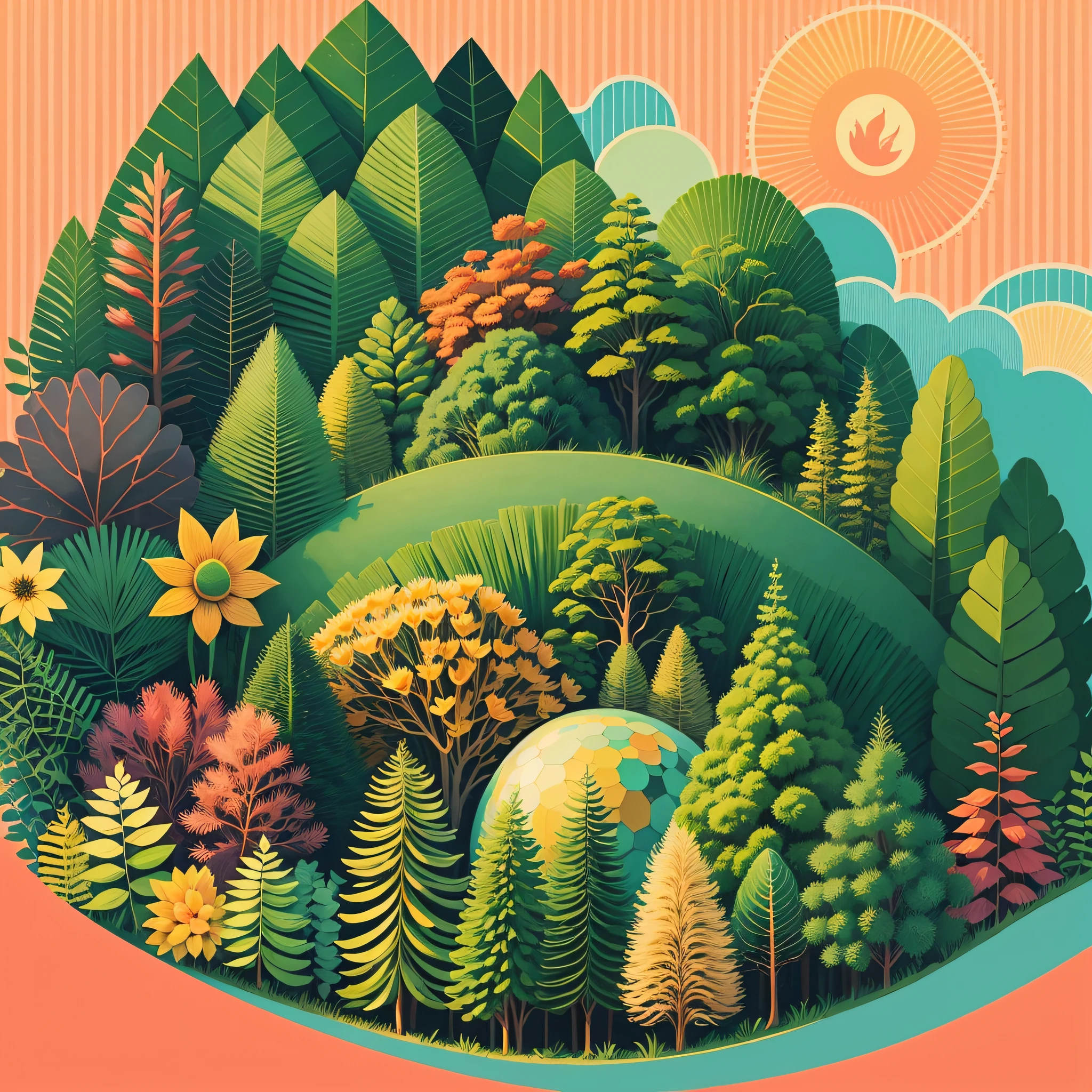 Travel illustration, many plants, many colors, forest, sunlight, 8k, aspect ratio 16:9 --auto --s2