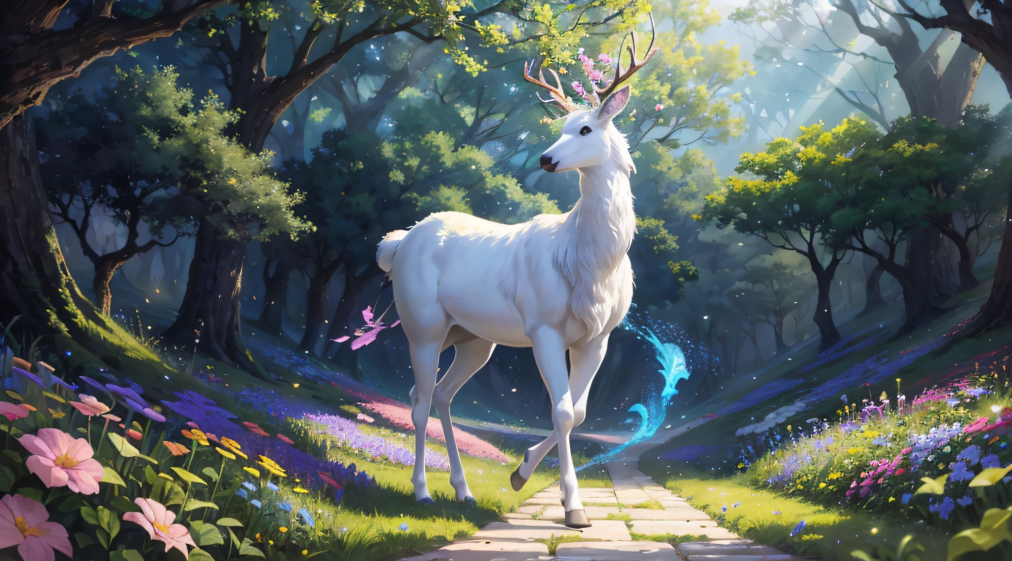 Big scene, far away, a white deer, with dreamy colors, glowing in nature, beautiful, resolute, outstanding antlers, colorful, gods, ancient, vast (masterpiece, best quality: 1.2), high resolution, best illustration, 8k resolution, (traditional media: 1.2), (2D), (dynamic angle, dynamic pose: 1.1), fashion, official art, highly detailed, various colors, fantasy, paradise, dream, garden, nature, flowers, architecture, intricate, particles , (depth of field), sharp focus, (cinematic lighting: 1.1), (best shadow),