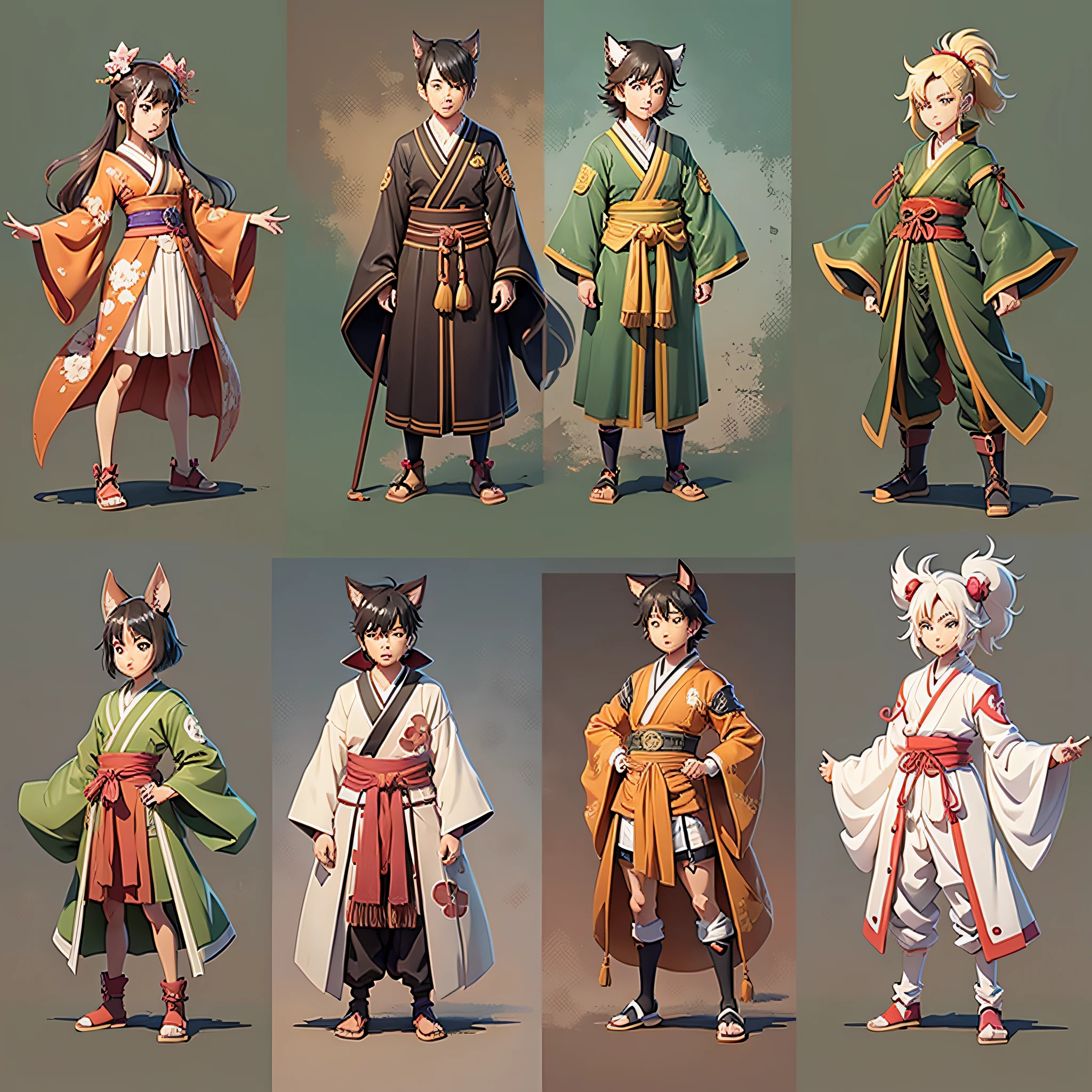 Japanese anime style, cartoon characters standing in a row, no background, full-body characters --auto --s2