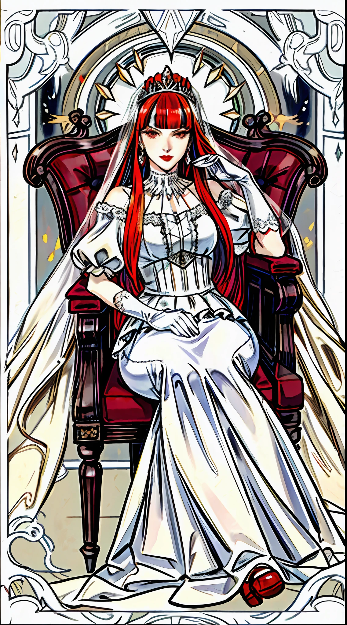 8k, 1girl, bangs, long red hair, blunt bangs, closed mouth, earrings, eyelashes, eye shadow, face makeup, hair accessories, white tiara, accessories, lips, long hair, wedding dress, long skirt, lace sleeves, bridal veil, veil, white gloves, sharp, gaze at the audience, makeup, multicolored hair, portrait, bright eyes, red lips, solo, tassels, (shiny skin), luxury, royal palace, sunshine, (masterpiece: 1.4), (best quality: 1.4), reality, fashi-girl, sitting in a chair, Tarot card background