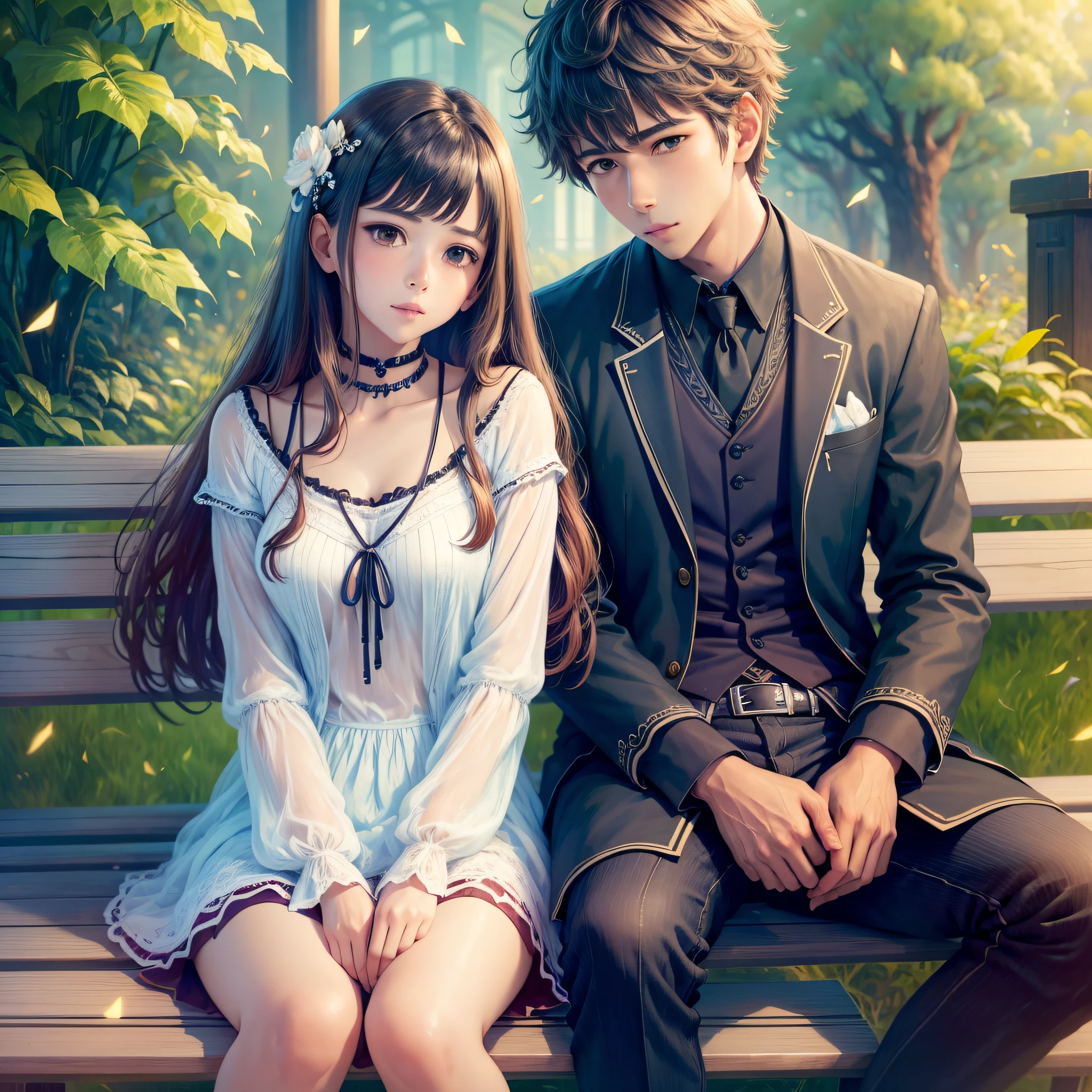 Beuatiful anime, boy and girl sitting on a bench sexy-looking, high quality --auto --s2