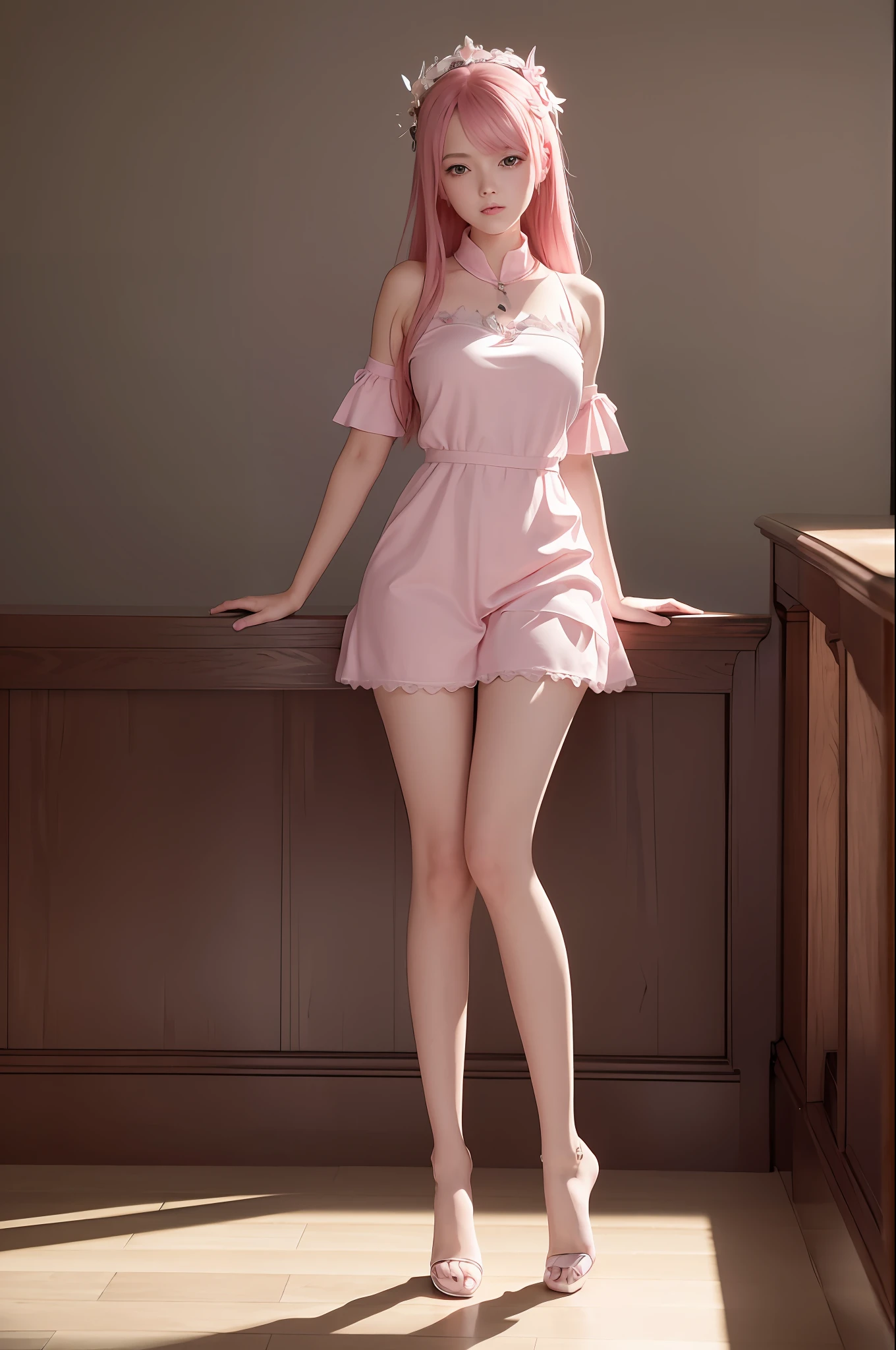 masterpiece, best quality, masterpiece, best quality, official art, beautiful girl, pink hair, very detailed CG unified 8k wallpaper, day, 1 girl, school, slender beautiful legs,