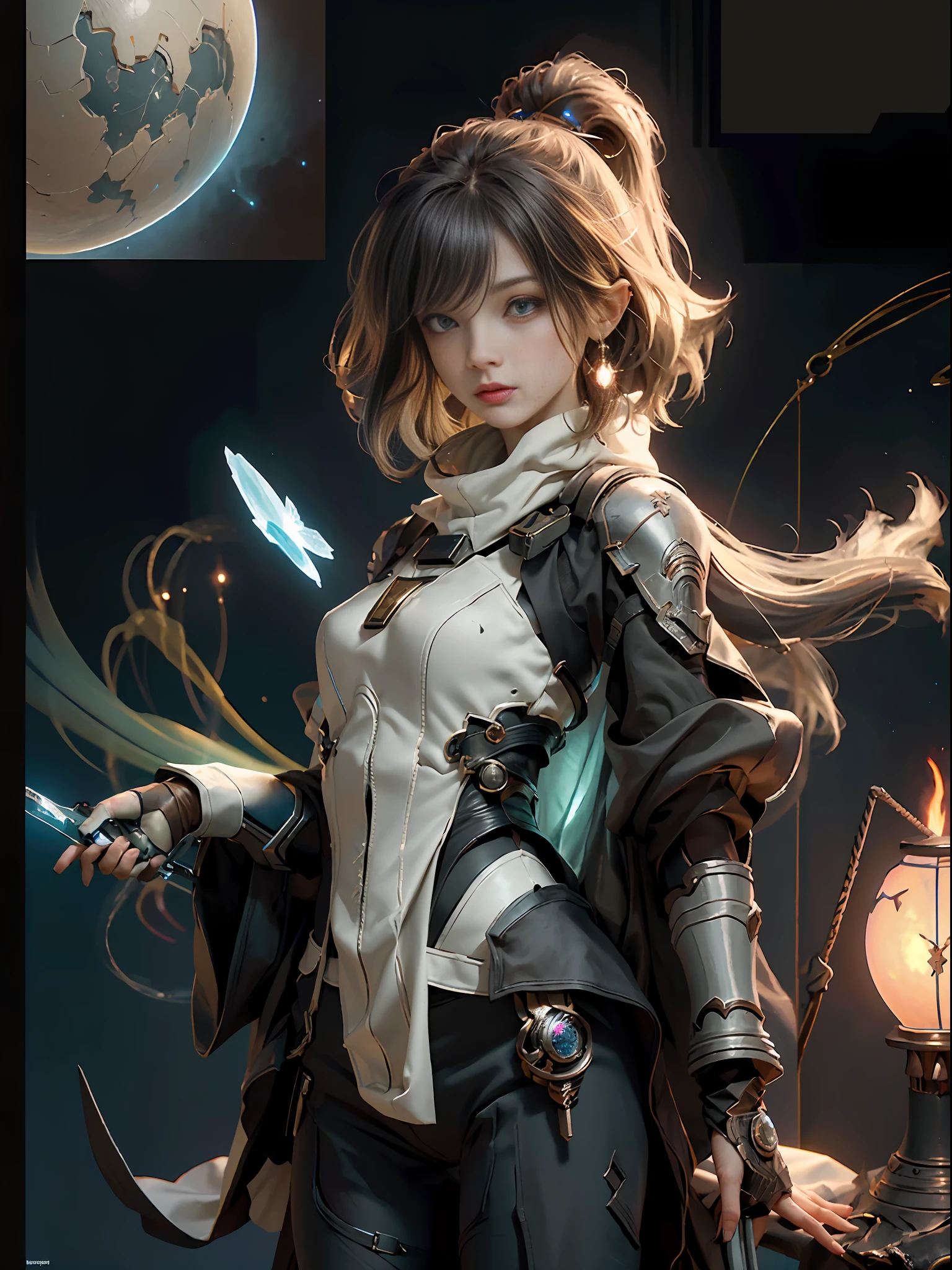 ((Best Quality)), ((Masterpiece)), (Details: 1.4), 3D, Bust, ((Facing Square)), (Body Facing the Viewer), (A Beautiful Petite and Slender Female Figure), ((Small ??????, Small Head)), ((Bust Photo)), (Upper Body), (slender perfect body: 1.2), (perfect face), (soft face), (perfect eyes), (perfect hands), (perfect fingers), (neck-length short hair: 1.5), (tight combat suit: 1.3), golden hair, collar, (gloves: 1.2), chains, in the distant future, the line between science fiction and fantasy has disappeared, and the world is an awesome tapestry of wonder. Enter a universe where magic and technology coexist in harmony and shape the fate of civilization in the vast expanse of space. At the heart of this field is celestial relations, an interstellar center of mysterious energy and technological wonders. Here, arcane knowledge is intertwined with cutting-edge science, giving birth to a society where spaceships are filled with the power of ancient spells, while occult art enhances technology. As a young explorer, embark on a grand adventure destined to unlock the secrets of the celestial bond. As you travel through the uncharted realms of the universe, encounter various civilizations full of creatures with extraordinary abilities. From the ethereal spire of the elves, where the art of traveling across dimensions is perfected, to the cybernetic enclave of the Android Group, witness the tapestry of life where magic and technology intertwine. Unleash your latent power as you adapt to the energy flowing through the Nexus. Take advantage of the ancient spells of forgotten witchcraft to propel your starship through the vast universe. Engage in epic battles against Cosmic Abomination and Intergalactic Tyrants, wielding enchanted weapons infused with future enhancements. Uncover the origins of this harmonious blend of magic and technology as you delve into the mysterious realm of celestial relationships. Discover ancient prophecies that foreshadow catastrophic events that could upse