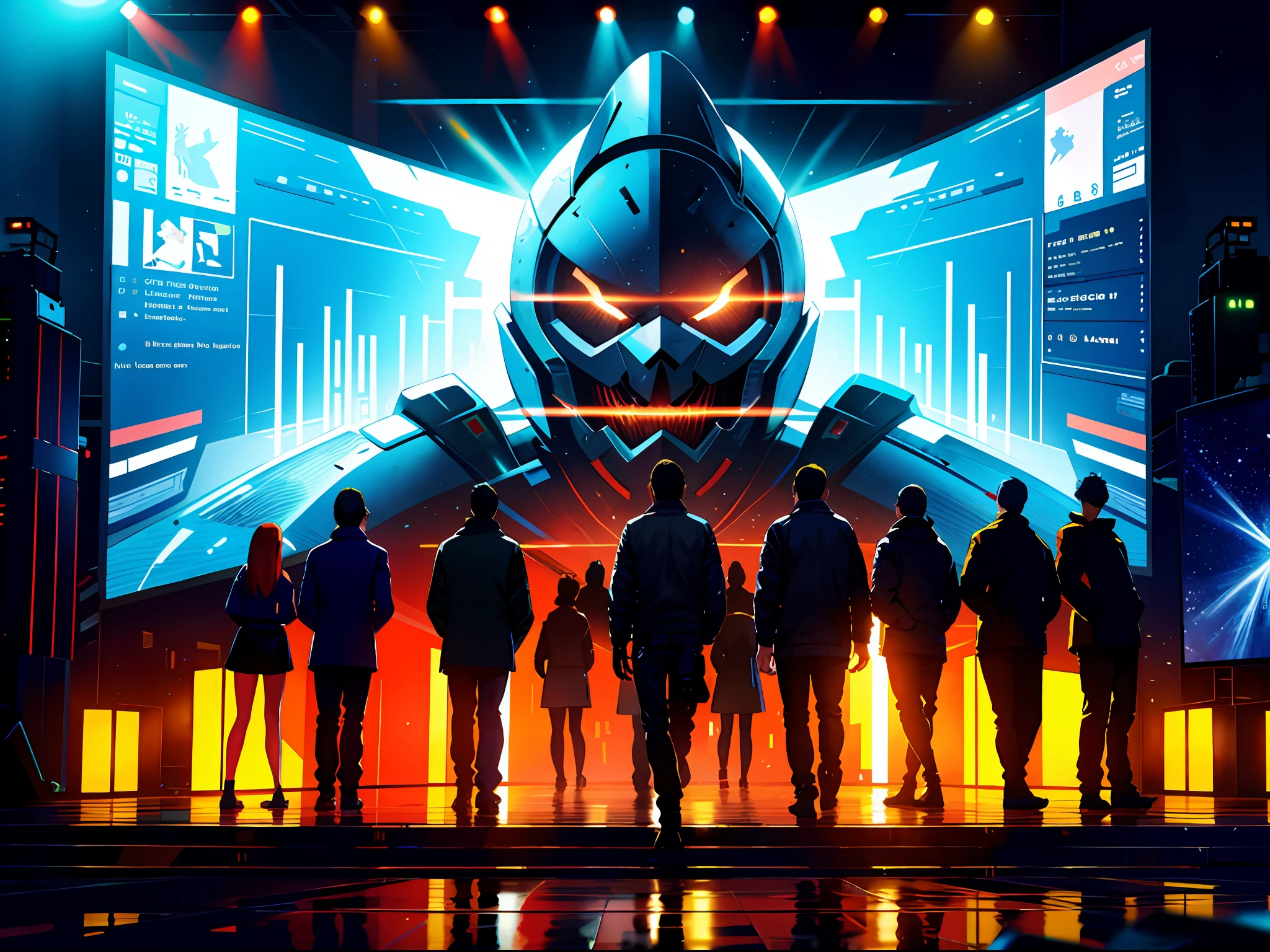 High resolution, highest quality, illustrations, super detail, presentation stage, with an oversized electronic screen in the back, lighting, a group of people