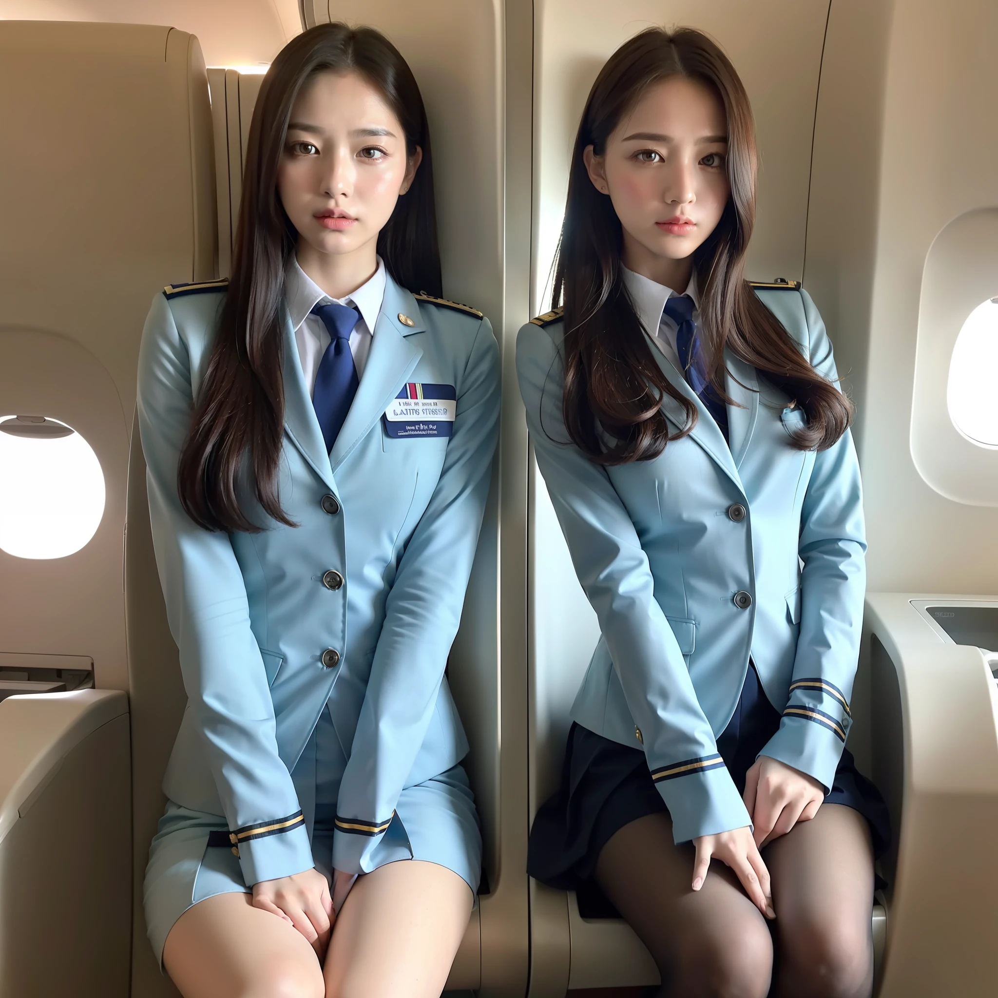 Top quality, masterpiece, 8K, Ultra High Definition, (Photorealistic: 1.4), 1 girl, beautiful face, symmetrical eyes, perfect body proportions, stewardess uniform, look at the viewer, (interior of the plane: 1.2), front view,