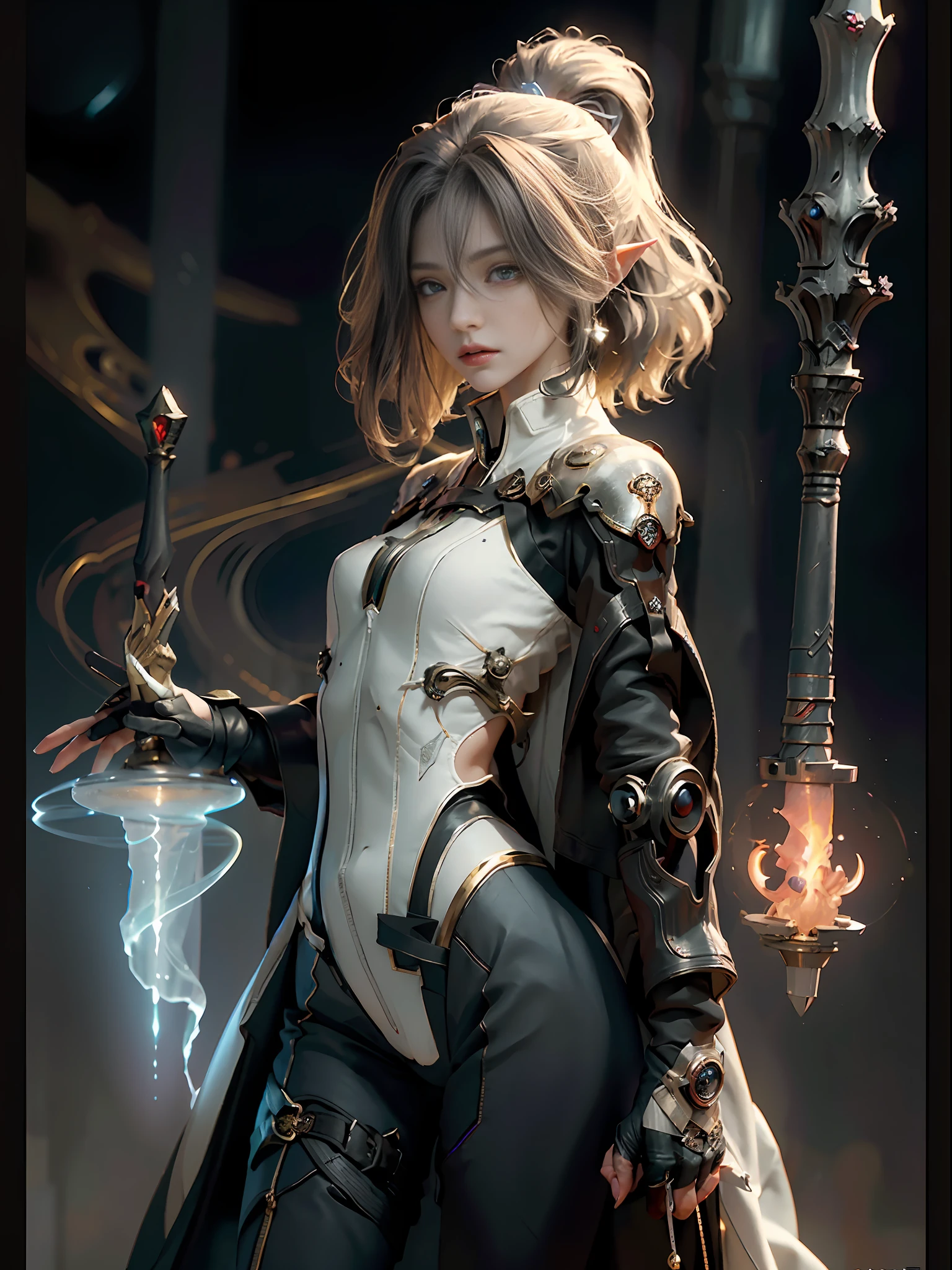 ((Best Quality)), ((Masterpiece)), (Details: 1.4), 3D, Bust, ((Facing Square)), (Body Facing the Viewer), (A Beautiful Petite and Slender Female Figure), ((Small Breast, Small Head)), ((Bust Photo)), (Upper Body), (slender perfect body: 1.2), (perfect face), (soft face), (perfect eyes), (perfect hands), (perfect fingers), (neck-length short hair: 1.5), (tight combat suit: 1.3), golden hair, collar, (gloves: 1.2), chains, in the distant future, the line between science fiction and fantasy has disappeared, and the world is an awesome tapestry of wonder. Enter a universe where magic and technology coexist in harmony and shape the fate of civilization in the vast expanse of space. At the heart of this field is celestial relations, an interstellar center of mysterious energy and technological wonders. Here, arcane knowledge is intertwined with cutting-edge science, giving birth to a society where spaceships are filled with the power of ancient spells, while occult art enhances technology. As a young explorer, embark on a grand adventure destined to unlock the secrets of the celestial bond. As you travel through the uncharted realms of the universe, encounter various civilizations full of creatures with extraordinary abilities. From the ethereal spire of the elves, where the art of traveling across dimensions is perfected, to the cybernetic enclave of the Android Group, witness the tapestry of life where magic and technology intertwine. Unleash your latent power as you adapt to the energy flowing through the Nexus. Take advantage of the ancient spells of forgotten witchcraft to propel your starship through the vast universe. Engage in epic battles against Cosmic Abomination and Intergalactic Tyrants, wielding enchanted weapons infused with future enhancements. Uncover the origins of this harmonious blend of magic and technology as you delve into the mysterious realm of celestial relationships. Discover ancient prophecies that foreshadow catastrophic events that could upse