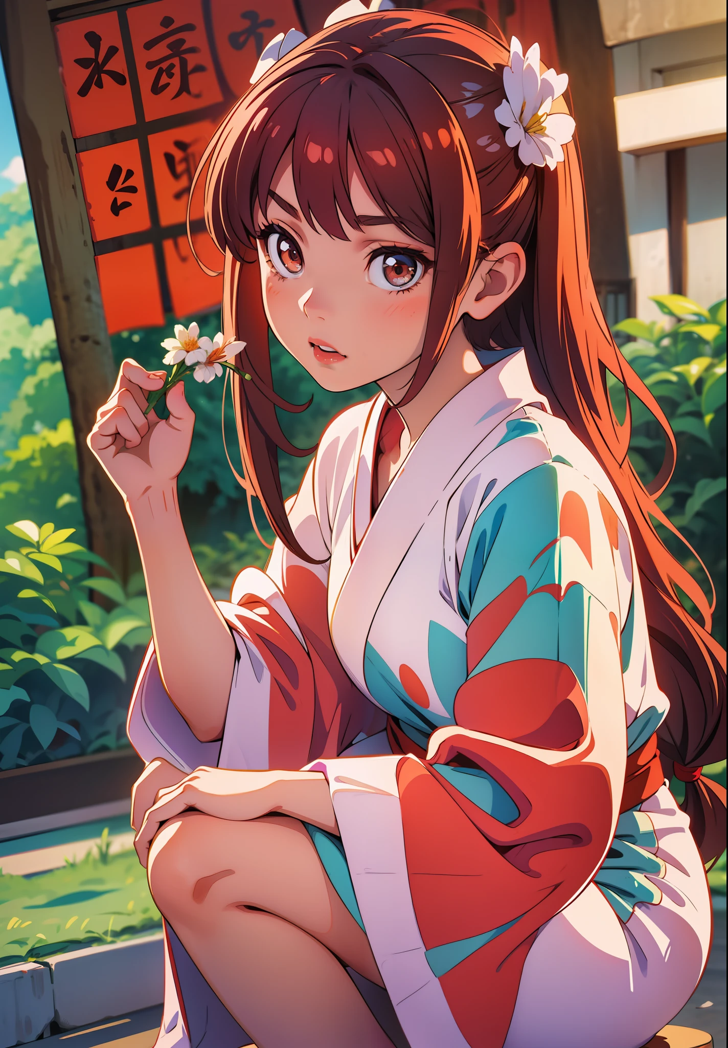 Beautiful girl in red and white yukata crouching and touching hair with one hand, looking at the camera, (background blur),