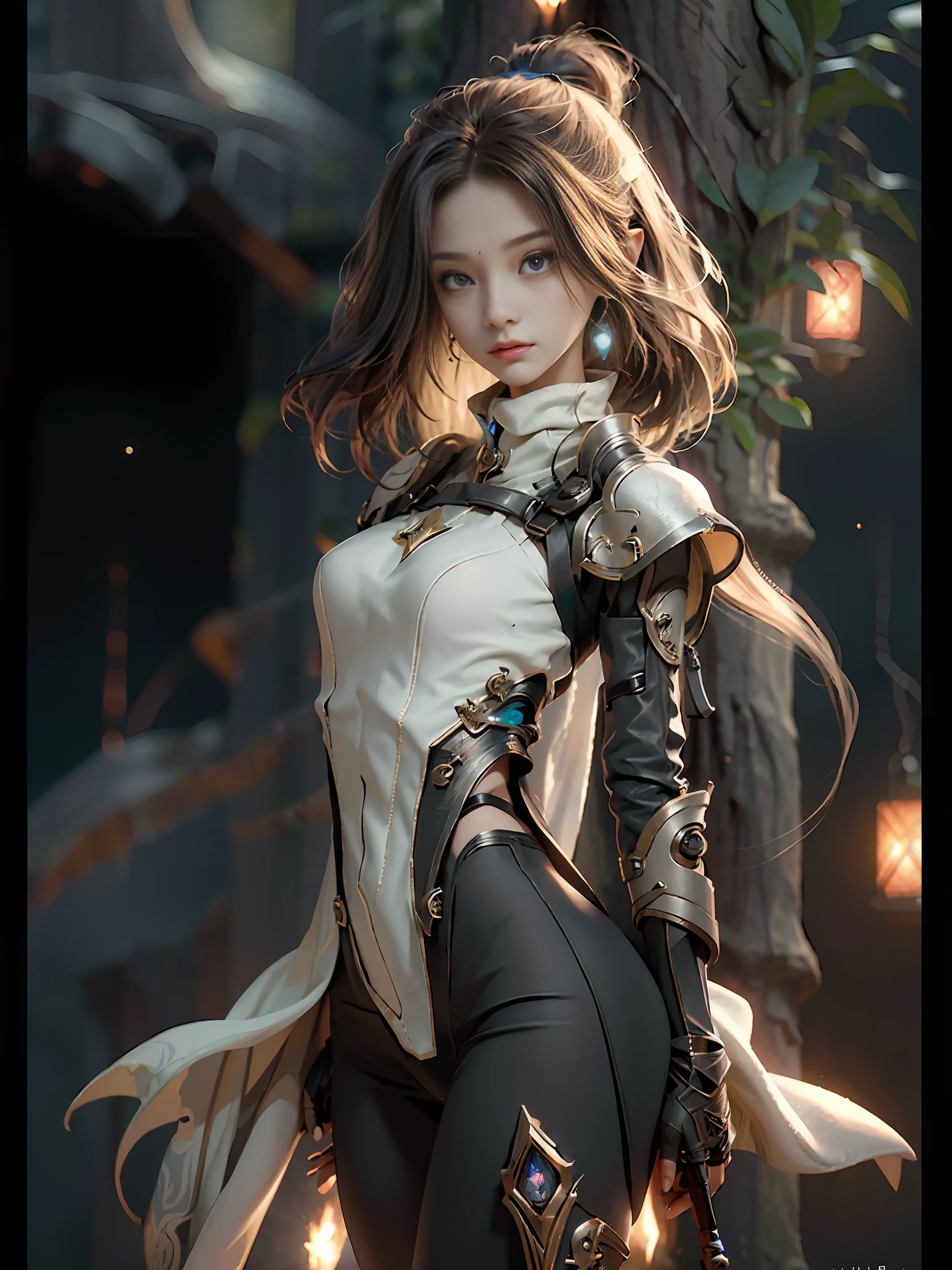 ((Best Quality)), ((Masterpiece)), (Details: 1.4), 3D, Bust, ((Facing Square)), (Body Facing the Viewer), (A Beautiful Petite and Slender Female Figure), ((Small Breast, Small Head)), ((Bust Photo)), (Upper Body), (Slender Perfect Figure: 1.2), (Perfect Face), (Soft Face), (Perfect Eyes), (Perfect Hands), (Perfect Fingers), (Short Neck Length Without Braids: 1.5), (Tight Combat Suit: 1.3), Golden Hair, Collar, (Gloves: 1.2), Chains, In the Distant Future, the line between science fiction and fantasy has disappeared, and the world is an awesome tapestry of wonder. Enter a universe where magic and technology coexist in harmony and shape the fate of civilization in the vast expanse of space. At the heart of this field is celestial relations, an interstellar center of mysterious energy and technological wonders. Here, arcane knowledge is intertwined with cutting-edge science, giving birth to a society where spaceships are filled with the power of ancient spells, while occult art enhances technology. As a young explorer, embark on a grand adventure destined to unlock the secrets of the celestial bond. As you travel through the uncharted realms of the universe, encounter various civilizations full of creatures with extraordinary abilities. From the ethereal spire of the elves, where the art of traveling across dimensions is perfected, to the cybernetic enclave of the Android Group, witness the tapestry of life where magic and technology intertwine. Unleash your latent power as you adapt to the energy flowing through the Nexus. Take advantage of the ancient spells of forgotten witchcraft to propel your starship through the vast universe. Engage in epic battles against Cosmic Abomination and Intergalactic Tyrants, wielding enchanted weapons infused with future enhancements. Uncover the origins of this harmonious blend of magic and technology as you delve into the mysterious realm of celestial relationships. Discover ancient prophecies that foreshadow catastrophic events tha