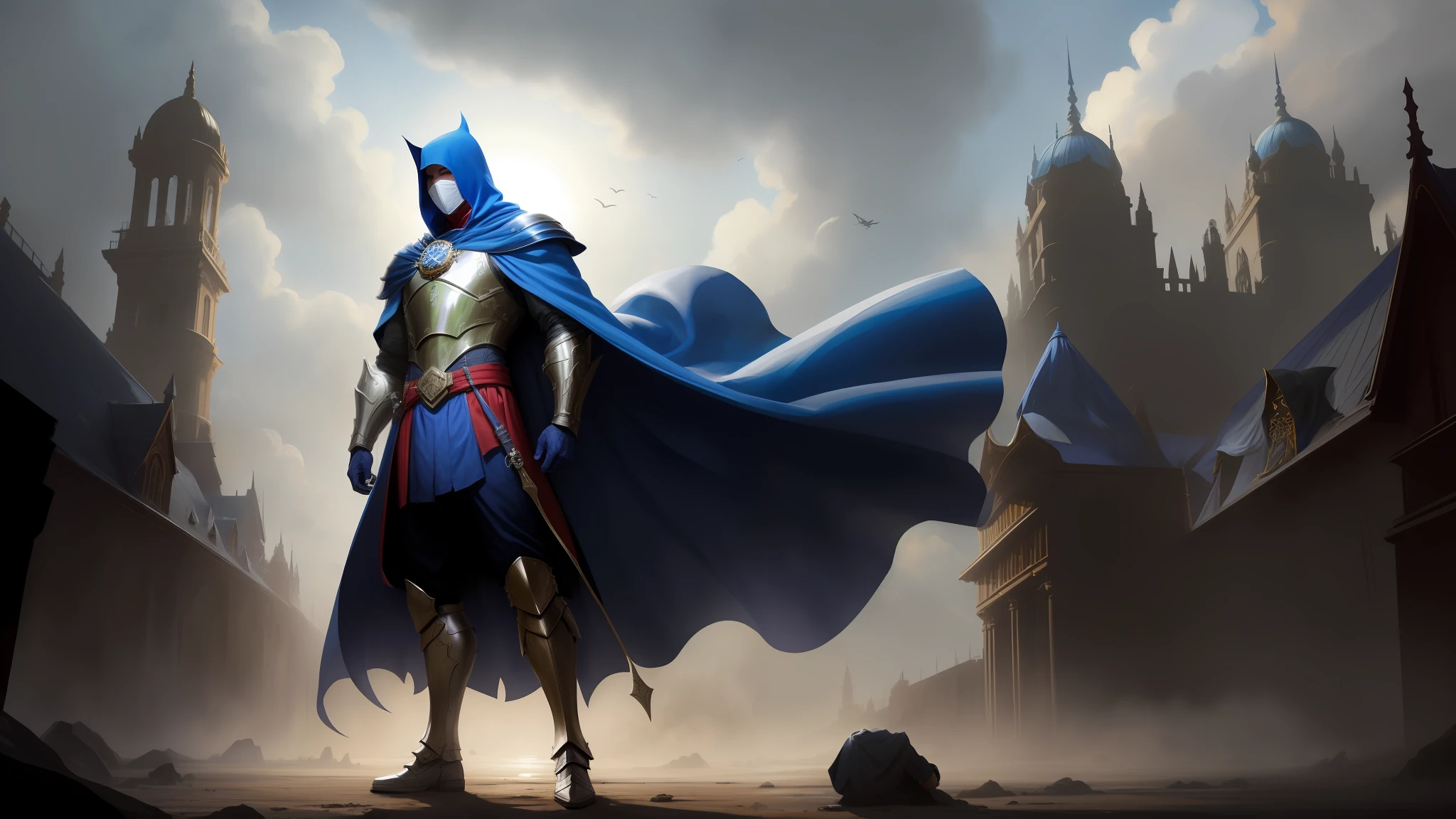 A man in a mask and a cape, fantasy, looking at the camera, full body, shoulder armor, leg armor, short cape, blue cape slightly blown up by the wind, left hand with one hand crossed waist, right hand holding a pistol, head up, concept art, smooth, clear focus, rule of thirds, complex details, medium view, (backlight), (top-down)