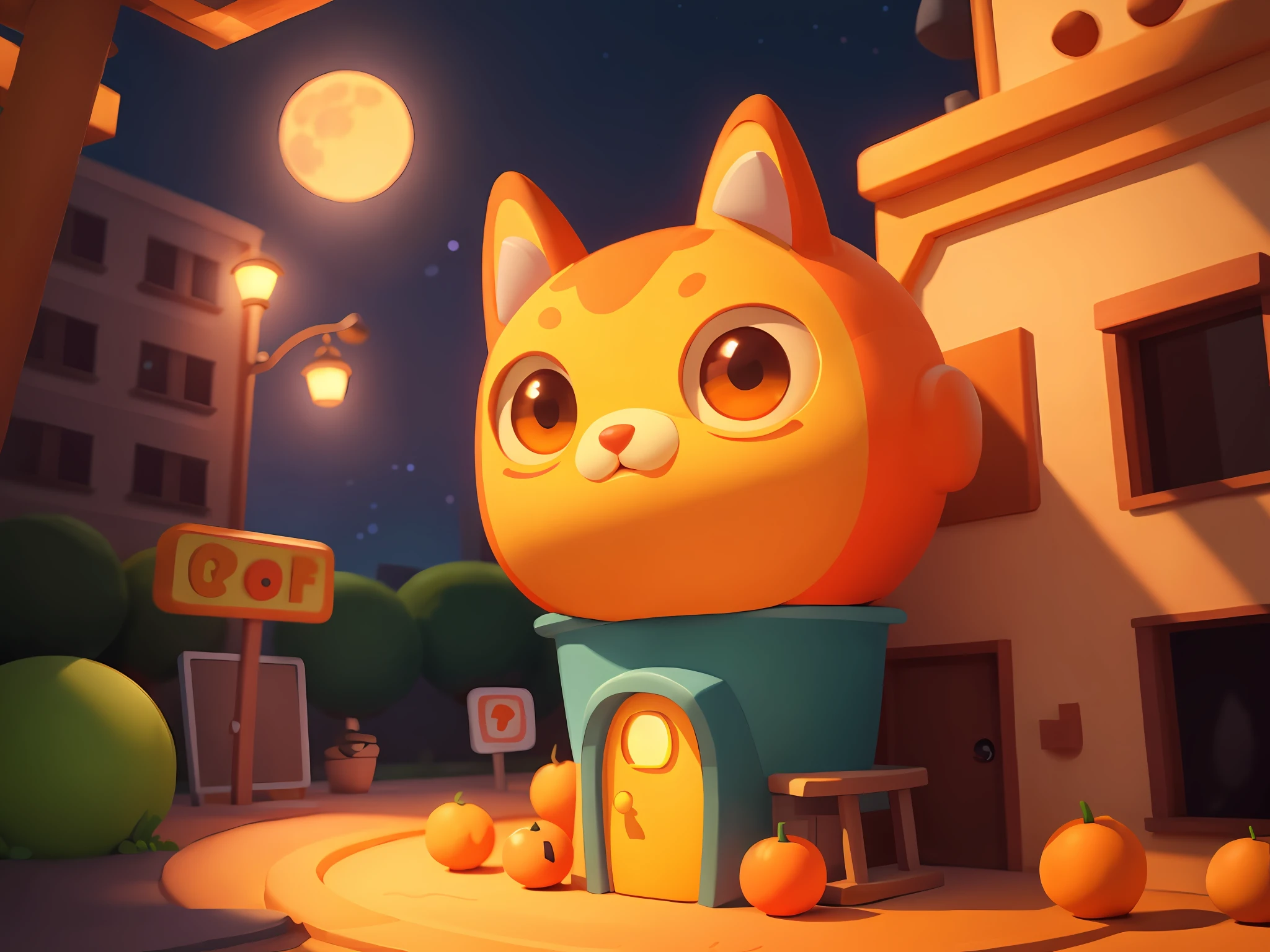cat,orange,cute,big eyes,masterpiece,full moon,alley