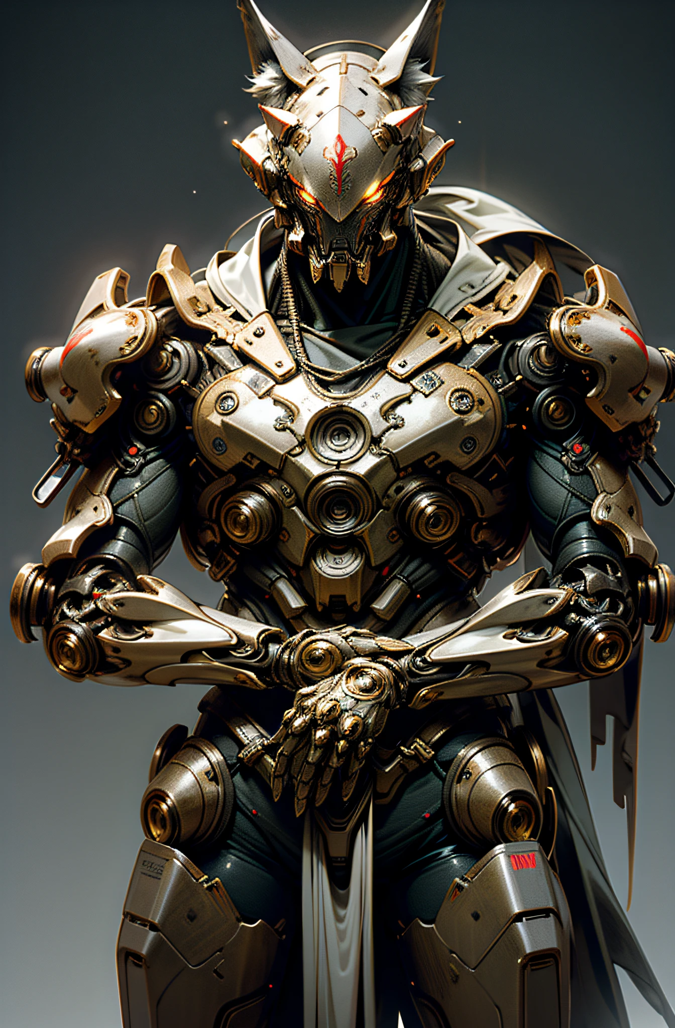 Dark_Fantasy, Cyberpunk, (wolf, wolf man, Red:1.1), (masterpiece, 32k resolution, ultra-realistic, very detailed), wearing shabby mech suits, intricate, (steel metal [rust]), elegant, clear focus, photographed by greg rutkowski, soft lighting, bright colors, masterpiece, ((random background)), cowboy shooting, dynamic pose, beautiful eyes, detail background, Perfect face, delicate facial features, high resolution, high quality, high detail, colorful, exquisite wallpaper, glitter particles, realistic, OC rendering, supreme masterpiece,