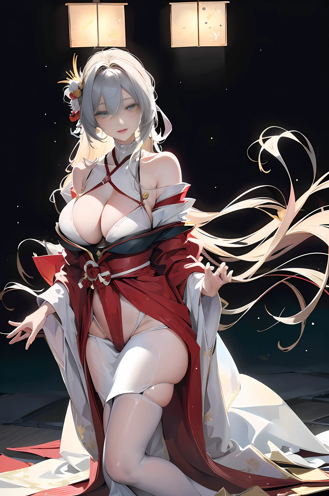 Official art, masterpiece, sharp focus, (beautiful gorgeous and cute Japanese actress: 1.3), light-colored woman, casual color, wearing a Japanese kimono, thong, only wearing a jumpsuit, with many beautiful tattoos on the chest, huge chest, plump buttocks, slender and delicate waist hair stretched to the ground, hands open, the whole person floats in the air, looking down, exuding light. Beautiful eyes and face, realistic, super detailed, beautiful girl, fine drizzle, wet clothes, glowing white particles, (side light: 1.2), night starry sky, detailed starry sky and moon, slim, cute and huge buttocks, smile without teeth ((smile with eyes open)), landscape, long straight hair, sexy facial expression, gorgeous auditorium in the background, wet clothes clinging to the curves of the body, (City view: 1.7), dynamic hair, long straight hair, delicate colored hair, glowing heterochromic pupils, black stockings, pale skin, hair accessories, epic landscapes, collars and hair accessories, hair especially long