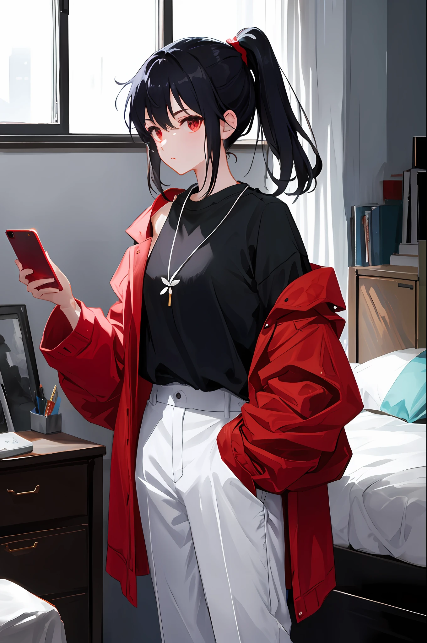 1 girl, bedroom, double ponytail, bangs, books, black hair, white shirt, red eyes, jewelry, leaves, looking at the audience, female focus, necklace, pants, shirt, solo, watch, white pants, cell phone, messy hair, trends on artstation, 8k resolution, very detailed, anatomically correct, clear images, digital painting, concept art, fashion trends on pixiv, Makoto Shinkai's style,