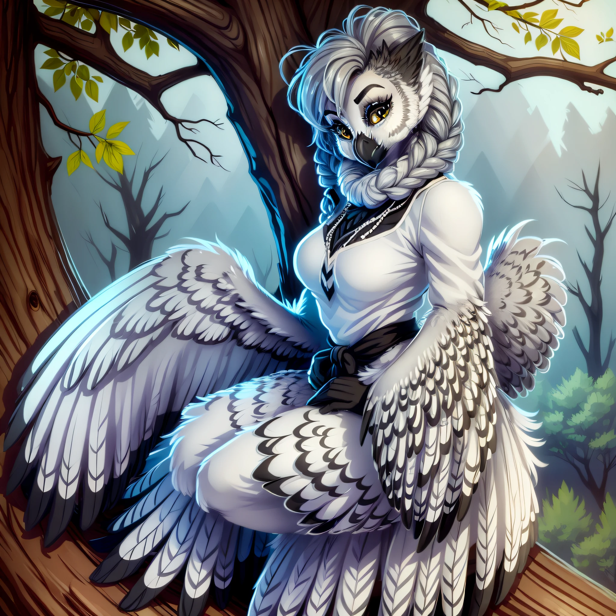 Owl Fairy, grey feathery fairy wings, grey feathers, dark grey braided hair, clothes made of grey feathers, sitting in a tree surrounded by owls, masterpiece, best quality