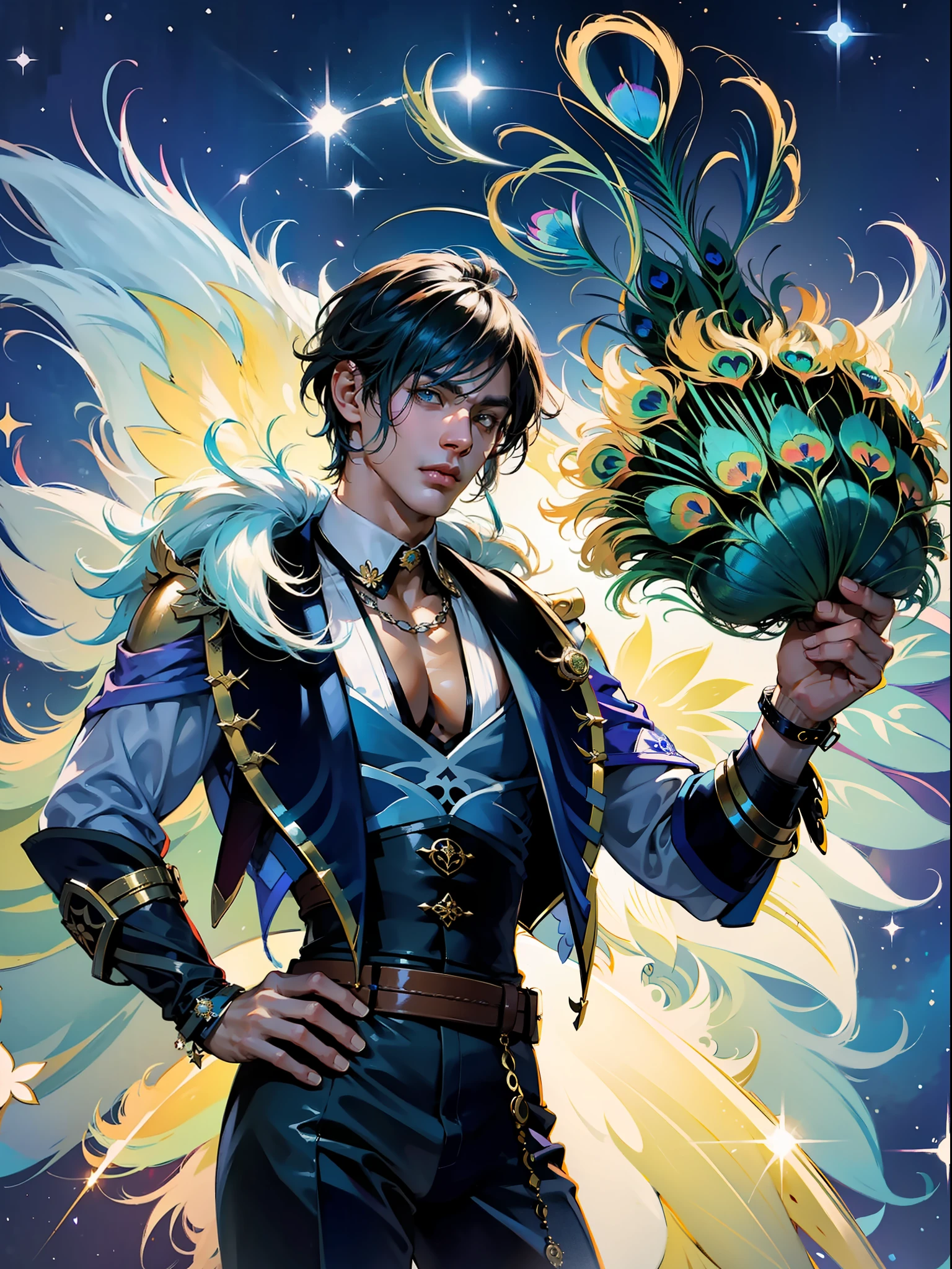 extremely delicate and beautiful, Amazing, finely detail, masterpiece, ultra-detailed, highres,best illustration, best shadow,intricate,sharp focus, high quality, 1 male solo, mature, handsome, tall muscular guy, broad shoulders, tan skin, dark skin, blue hair. eyepatch, kaeya genshin impact, holding his pet peacock, peacock feathers on background, peacock feather in front of him, backlight, night sky and stars