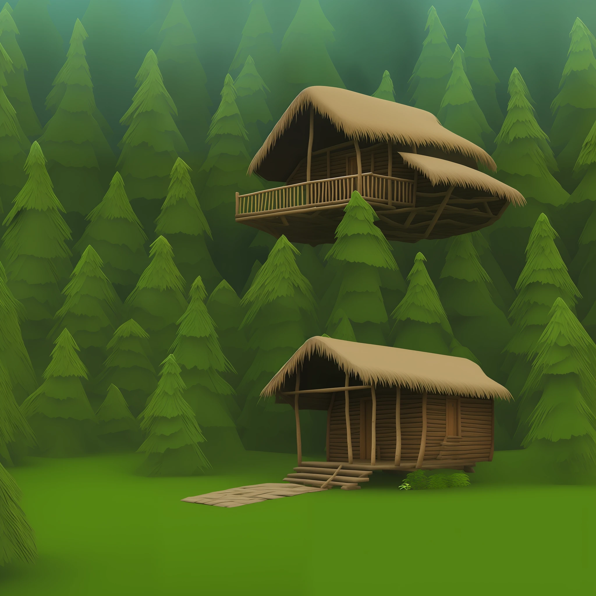 Generate an image of a hut in a dense forest