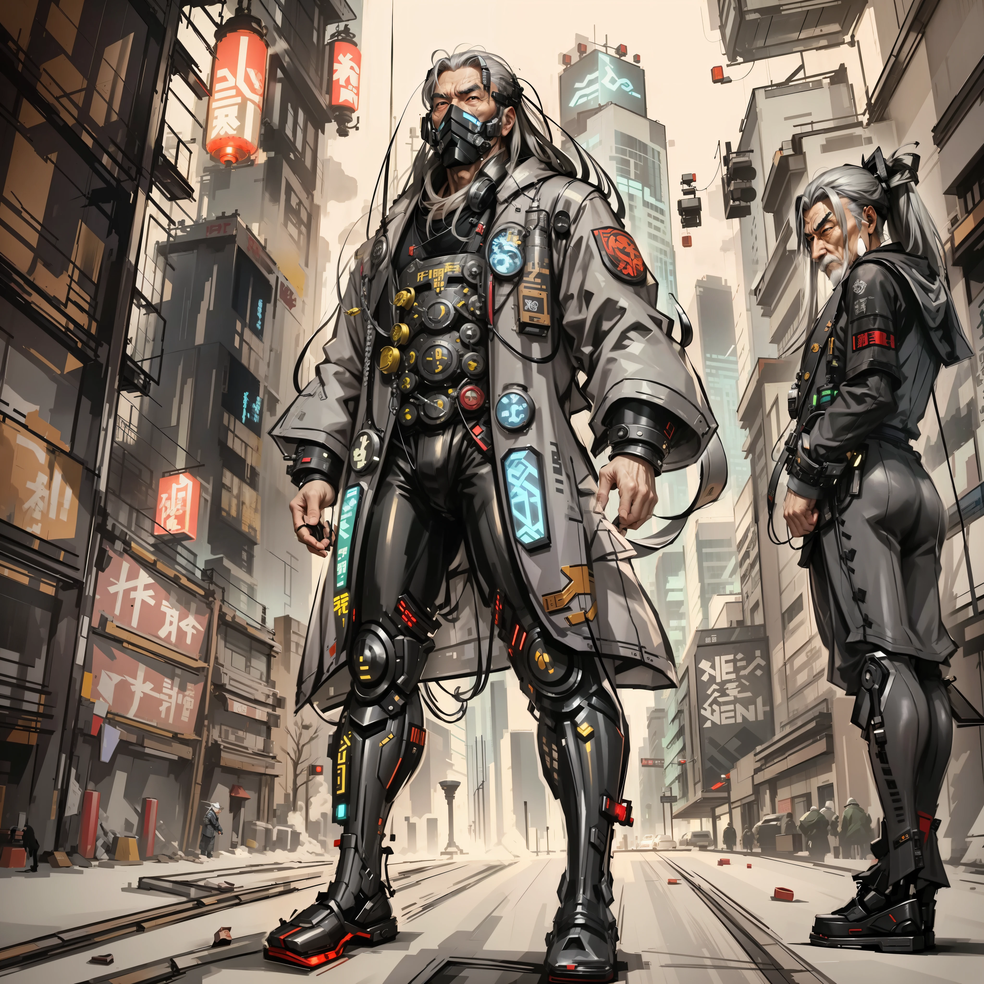 Elderly men, Chinese style, long gray hair, cyberpunk, retro clothing, HD, mecha, full body, domineering,