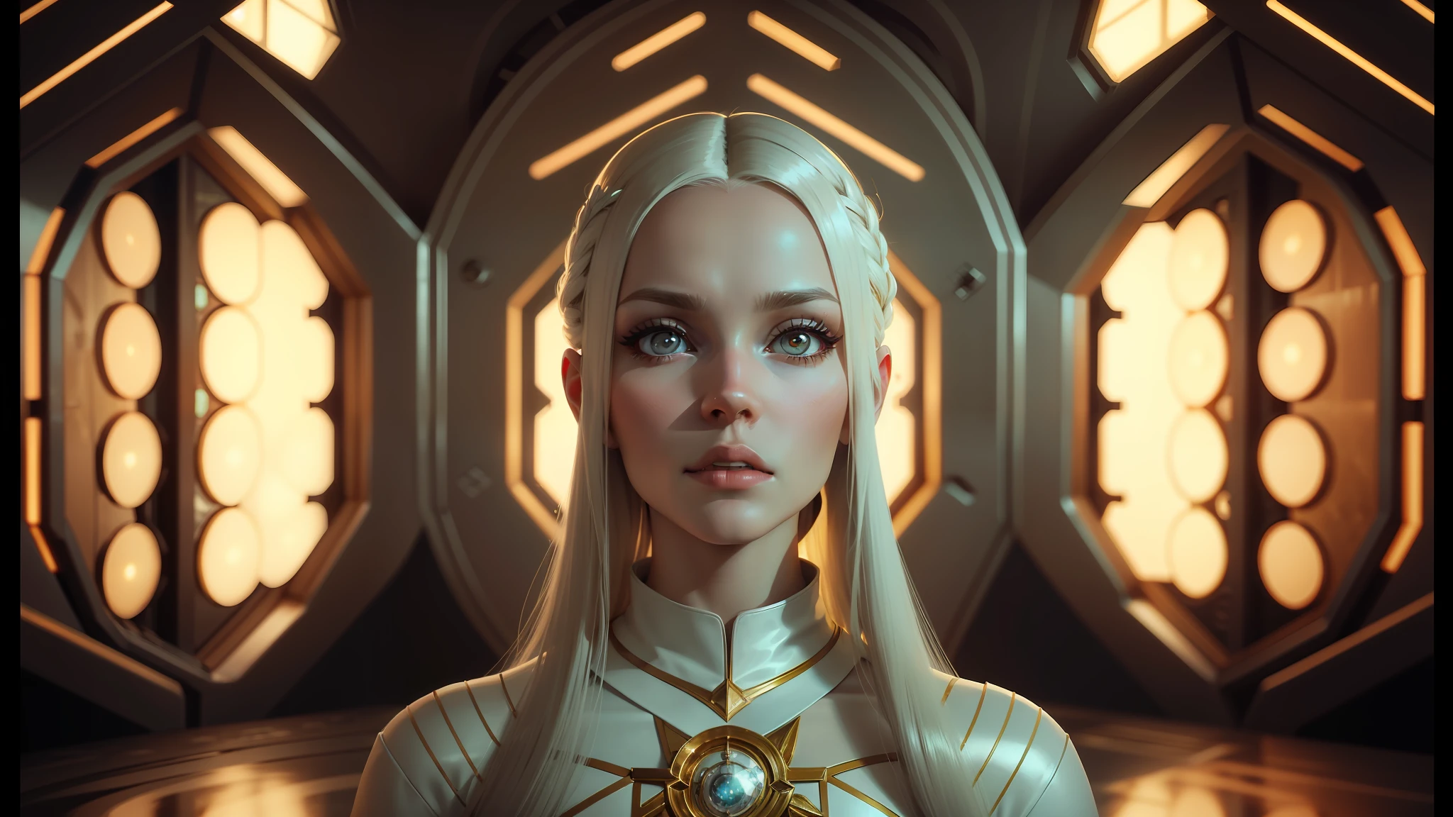 a close up of a woman in a white dress with long hair, retro futuristic apartment, cinematic rendering, kerli koiv, beautiful highly symmetric faces, theron, elegant gold skin, cosmonaut, freya, ukrainian, juno promotional image, slavic features, monarchy, agartha --auto --s2