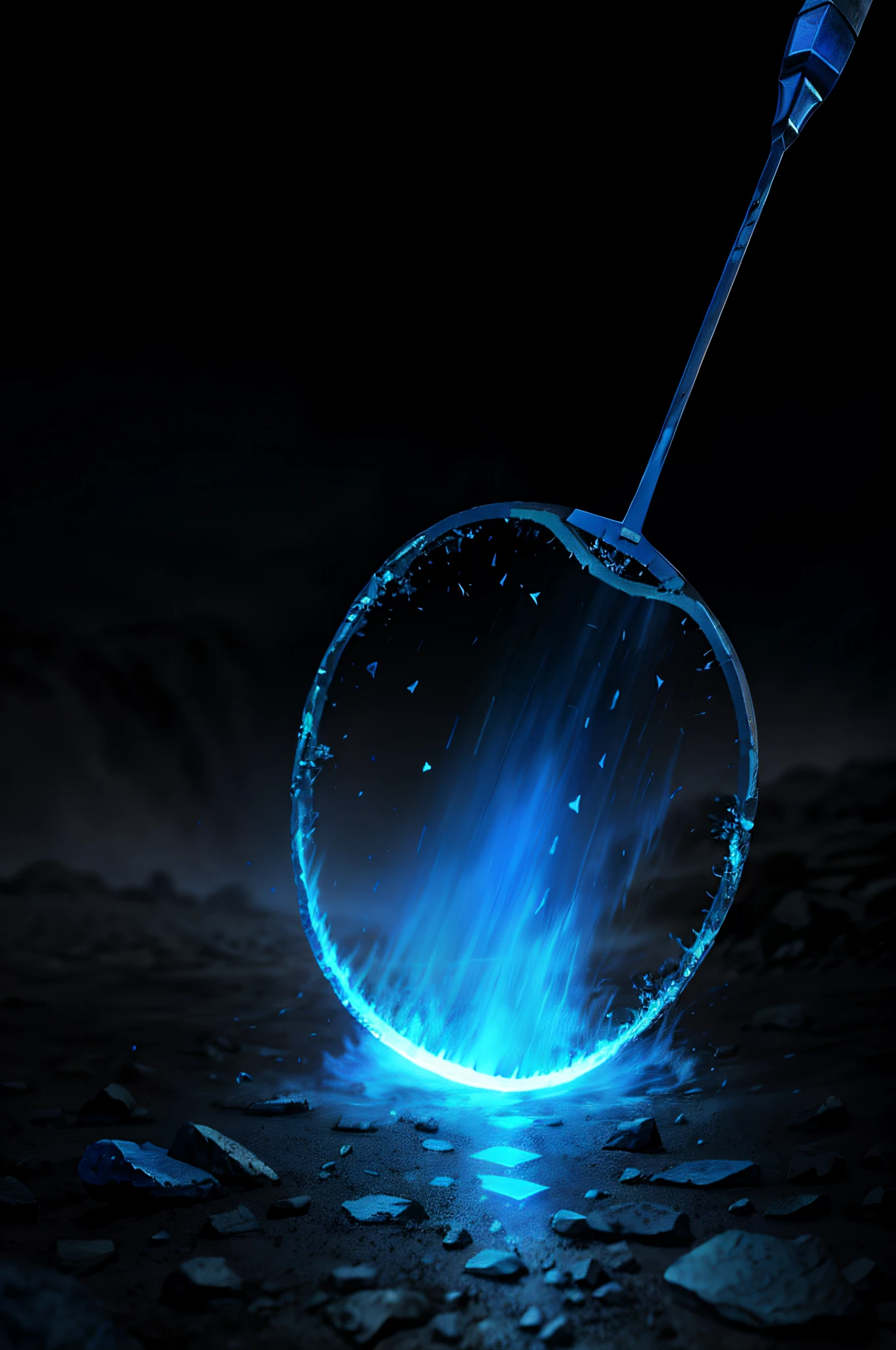 A huge blue knife slashed into the ground, the ground had blue magma, the ground splashed a lot of blue stones, and the background was blue doomsday and blue smoke