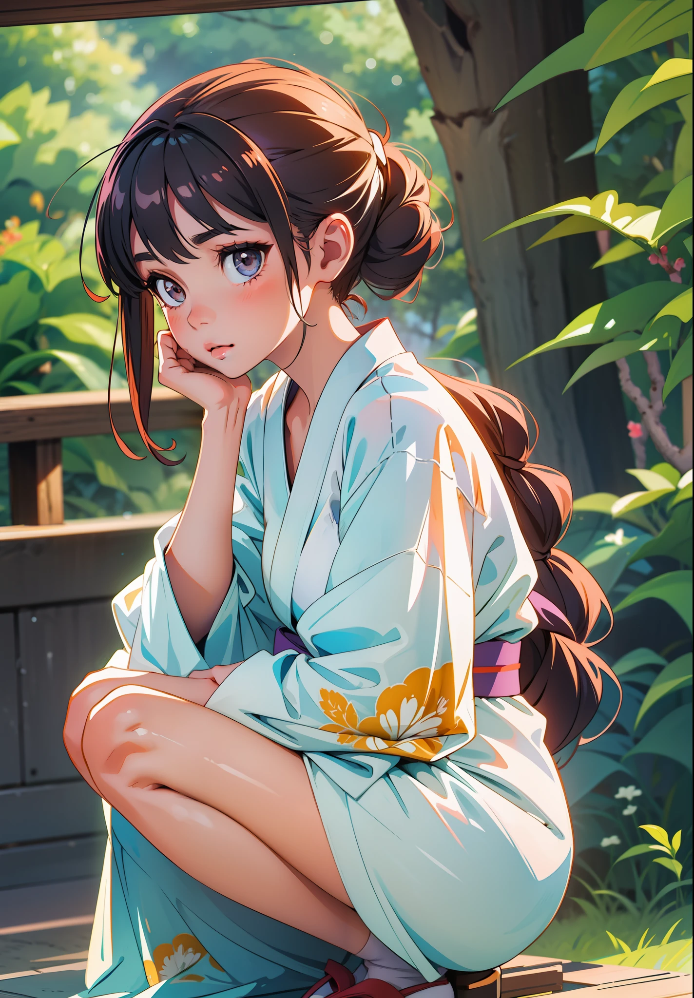 A beautiful girl wearing a white transparent yukata is crouching and touching her hair with one hand, looking at the camera, (background blur),