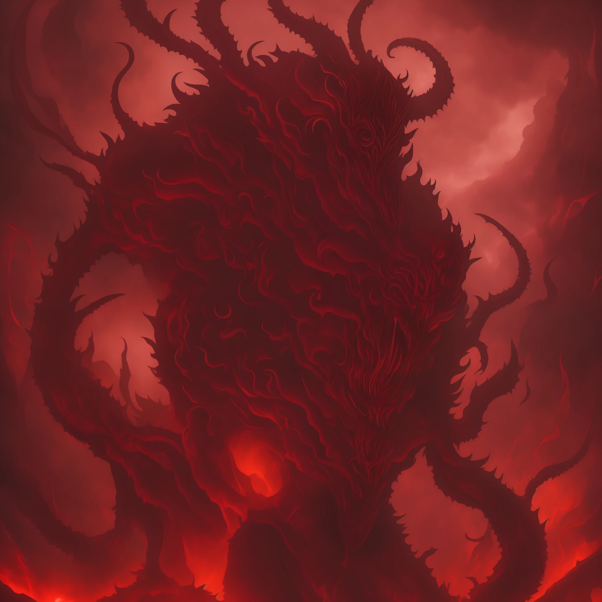 a dark red image of a demonic creature with a large head and large arms, demonic creature, just art for dark metal music, fat ripped satanic creature, blood moon tentacles!!, giygas, demonic parasite, madness creature, carnage, one a demon - like creature, one a demon-like creature, demonic monster, ruler of inferno, nightmare creature --auto --s2