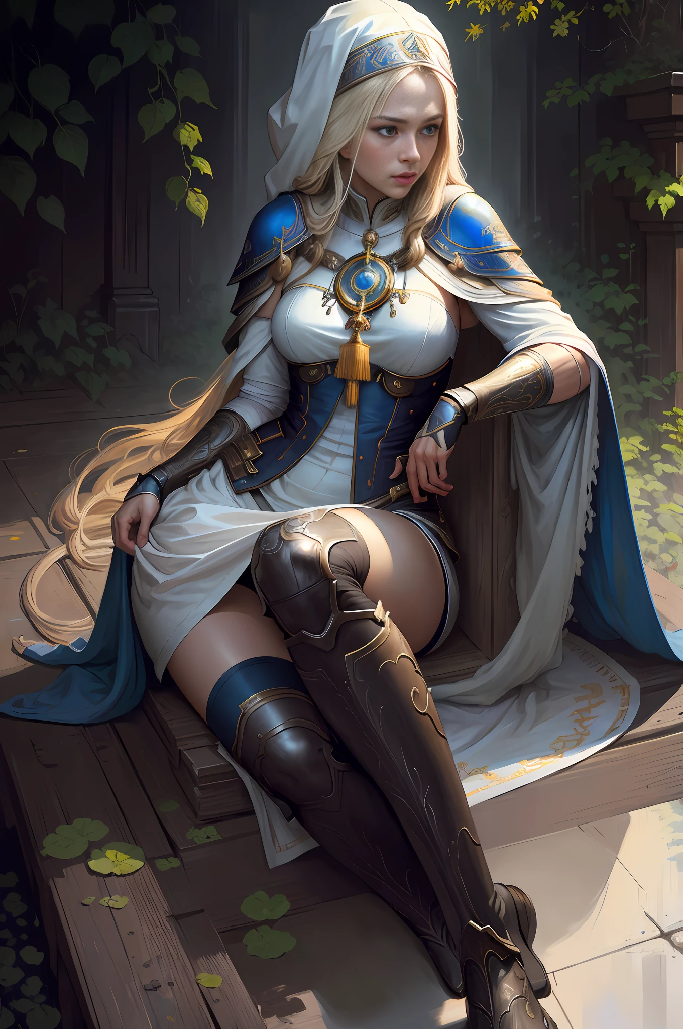 masterpiece, realistic, realism, photorealism, high contrast, photorealistic digital art trending on Artstation 8k HD high definition detailed realistic, young beautiful woman, petite, very small perky breasts, ((blue eyes)), blonde knee long hair, tight white boots, white knee high socks, ((priestess)), parted lips, art by artgerm and ruan jia and greg rutkowski surreal painting, detailed, skin texture, hyper-detailed, realistic skin texture, side view, garden, praying, head down, sitting,