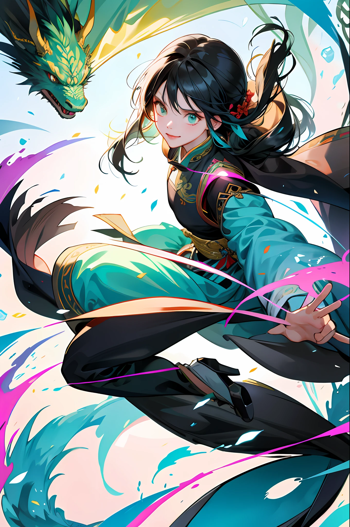 fisheye lens, up view, 1girl, wear Chinese hanfu, lively posture, facing the audience, black lone hair, anime character on her back flying a big green cyan wood dragon::2 , trees and leafs skills and effect:1, in the style of light cyan and white, battle pose, dynamic movement, dynamic pose, laser, full of imagination, unmatched composition ultra-detailed super high quality