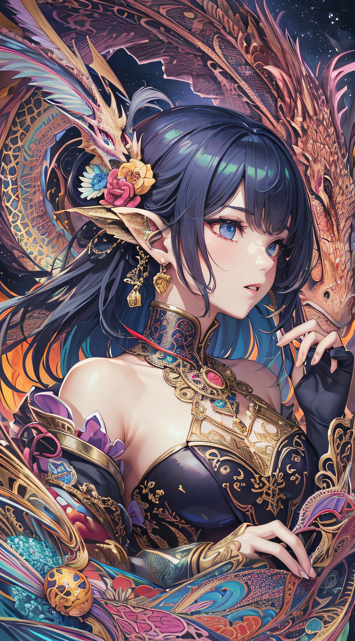 (Masterpiece, Top Quality, Best Quality, Official Art, Beauty and Aesthetics: 1.2), (1girl: 1.3), Very Detailed, (Fractal Art: 1.2), Colorful, Most Detailed, (Zentangle: 1.2), (Dynamic Pose), (Abstract Background: 1.5), (Traditional Clothing: 1.2), (Shiny Skin), (Multiple Colors: 1.4), Upper Body (Dragon), (Smoke), --auto --s2