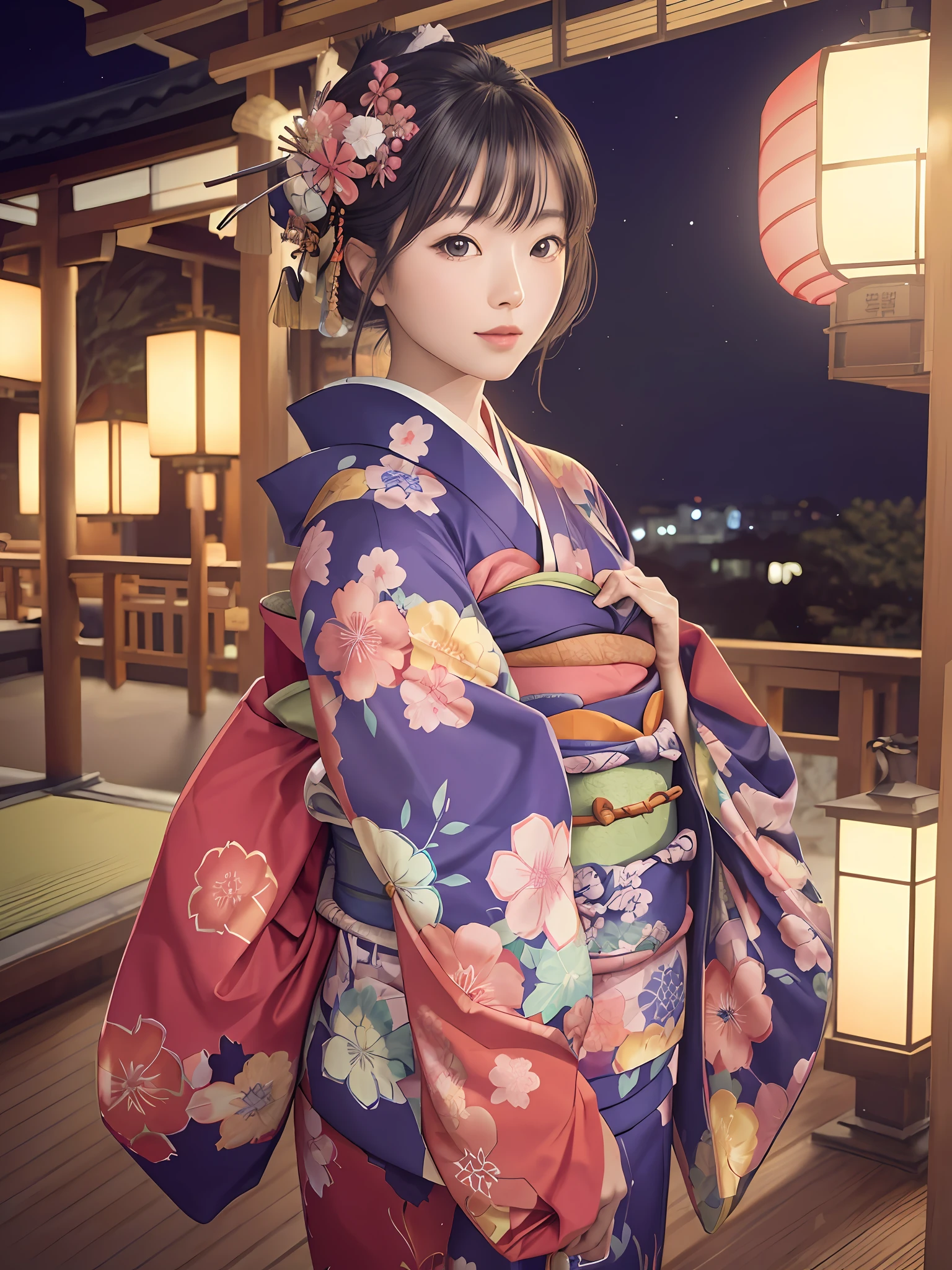 Japanese woman, (wearing colorful kimono_clothes:1.3), holiday good hand,4k, high-res, masterpiece, best quality, head:1.3,((Hasselblad photography)), finely detailed skin, sharp focus, (cinematic lighting), night, soft lighting, hard focus, film grain, photographed with a Sony a9 II Mirrorless Camera, by Laurence Demaison, dynamic angle, [:(detailed face:1.2):0.2], medium breasts, outside, ((Hasselblad photography)),
