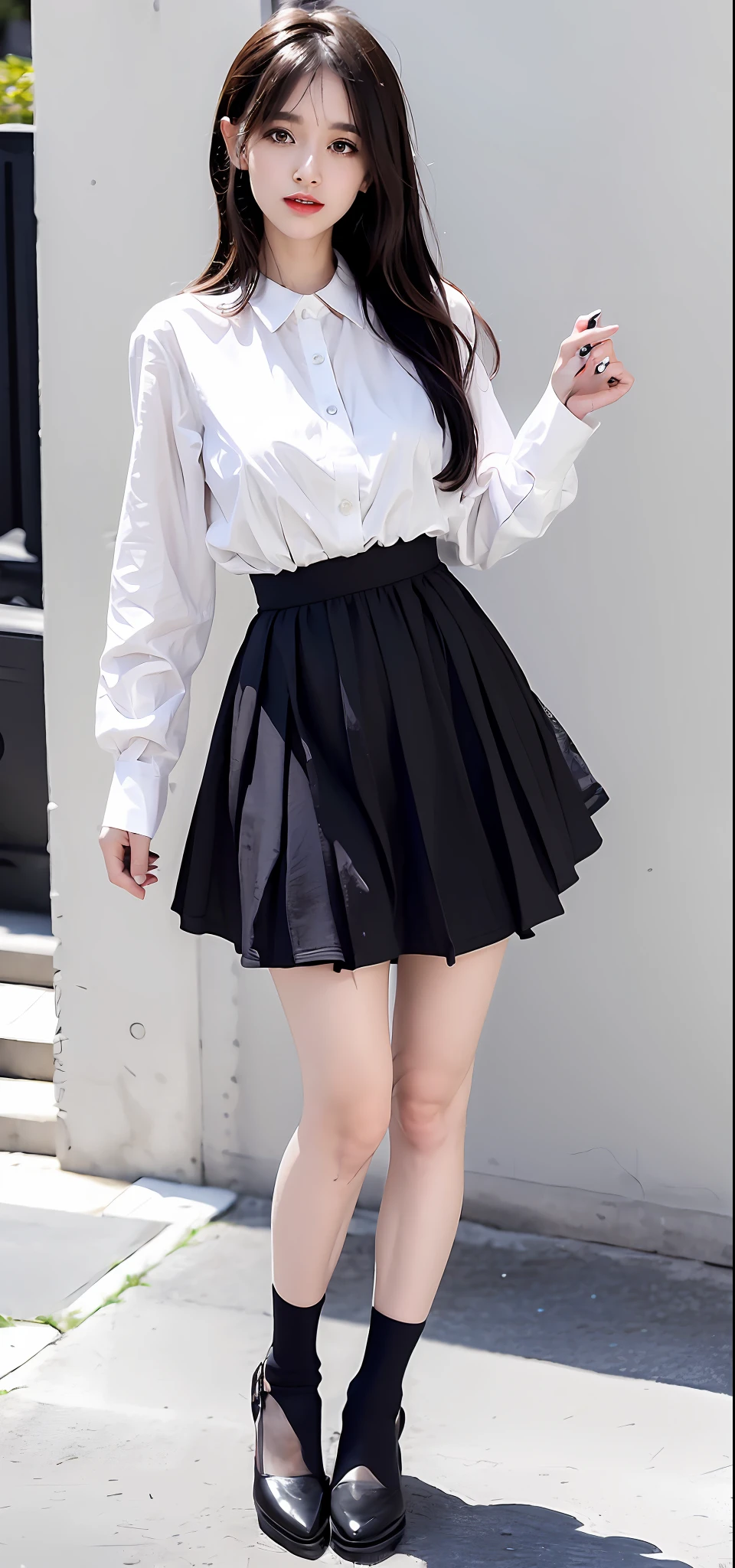 1. White Shirt with Black High-Waisted Skirt
The white shirt is an essential item in the French retro style, and pairing it with a black high-waisted skirt can showcase a woman's elegant and intellectual temperament. It is recommended to also wear a pair of black pointed-toe flats to increase the overall fashion sense.