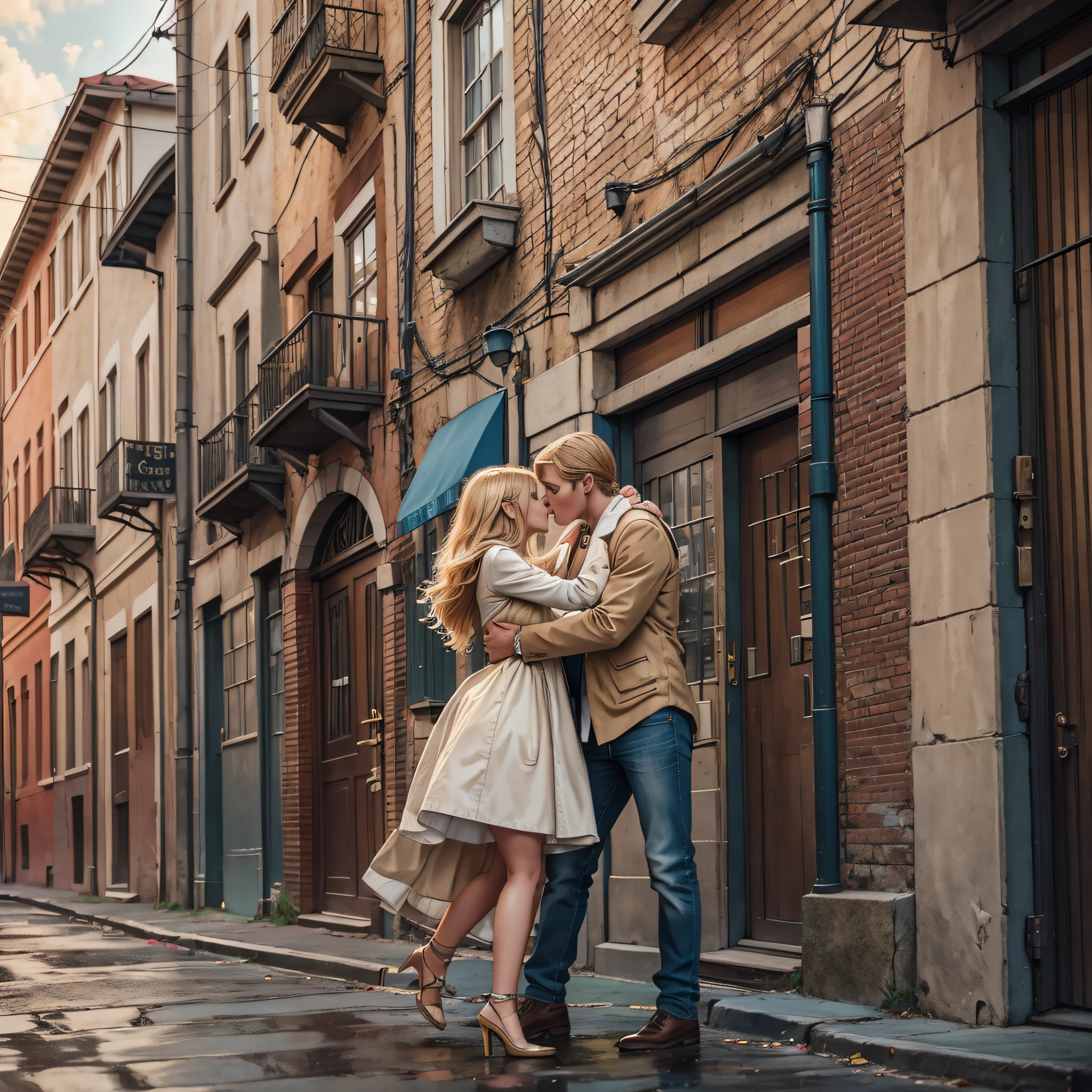 Photography, realistic style, next to no one street, a tall blonde man and a brunette girl hugging and kissing, the atmosphere is hot and romantic. --auto --s2