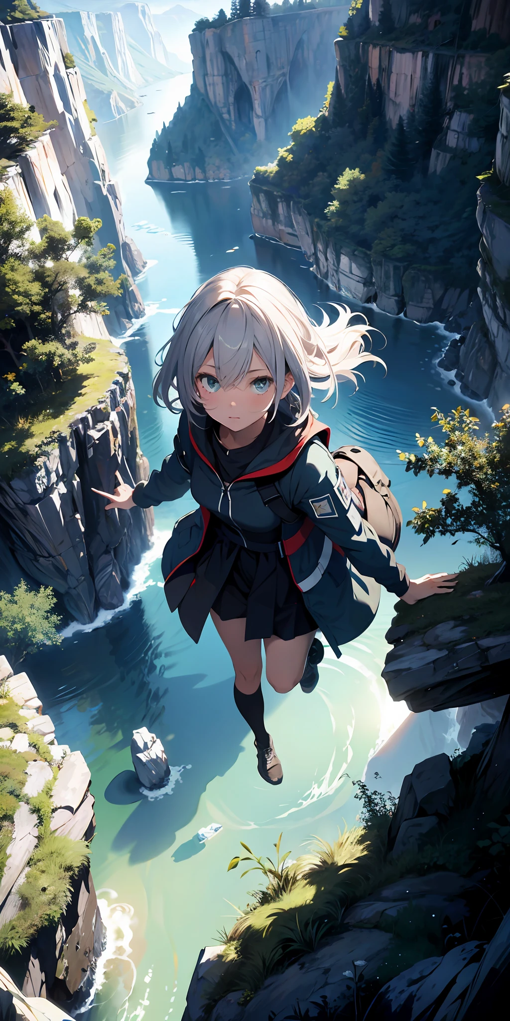 absurd res, high res, (masterpiece:1.4), ultra-detailed, 1girl, from above, space, floating,forest