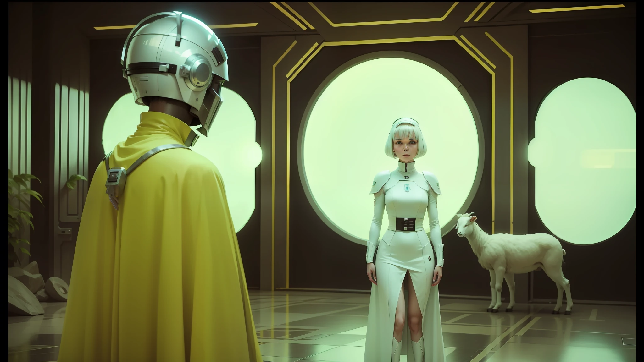 there is a woman in a white dress and a man in a yellow cape, scene from dune 2 0 2 1 movie, still from the mandalorian show, looks like britney spears, 1 9 6 0 s space girl, kazakh empress, sexy charlise theron, meditative sacral pose, desaturated cold color palette, chrome bob haircut, electric sheep --auto --s2