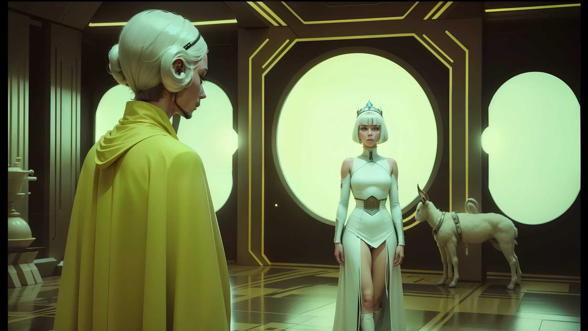 there is a woman in a white dress and a man in a yellow cape, scene from dune 2 0 2 1 movie, still from the mandalorian show, looks like britney spears, 1 9 6 0 s space girl, kazakh empress, sexy charlise theron, meditative sacral pose, desaturated cold color palette, chrome bob haircut, electric sheep --auto --s2