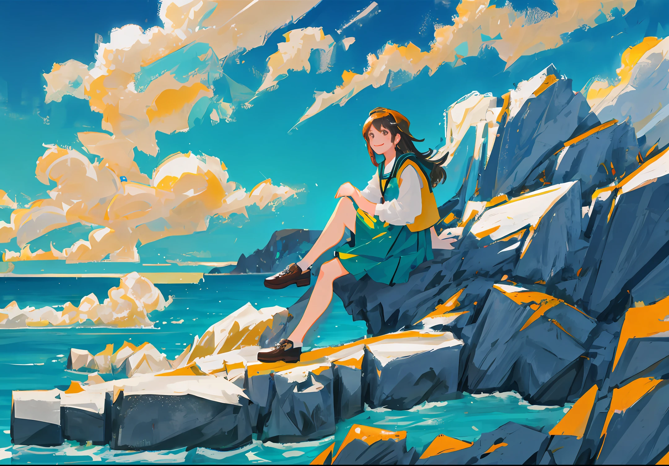 adult girl, sitting on the edge of the rock, the sea in front of her, smiling, realitist, HD