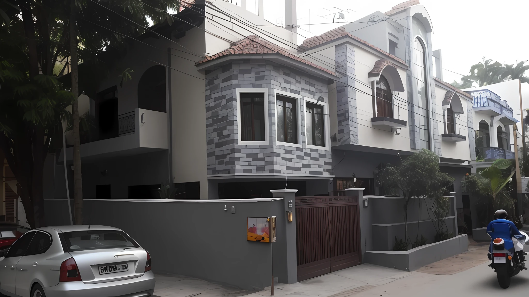 there is a car parked in front of a building with a motorcycle parked in front of it, front-view, building facing, complete house, exterior view, front side, front view, well maintained, inter dimensional villa, listing image, frontview, street level view, outside view, very ornamented, residential, front photo, seen from outside, house, bangalore
