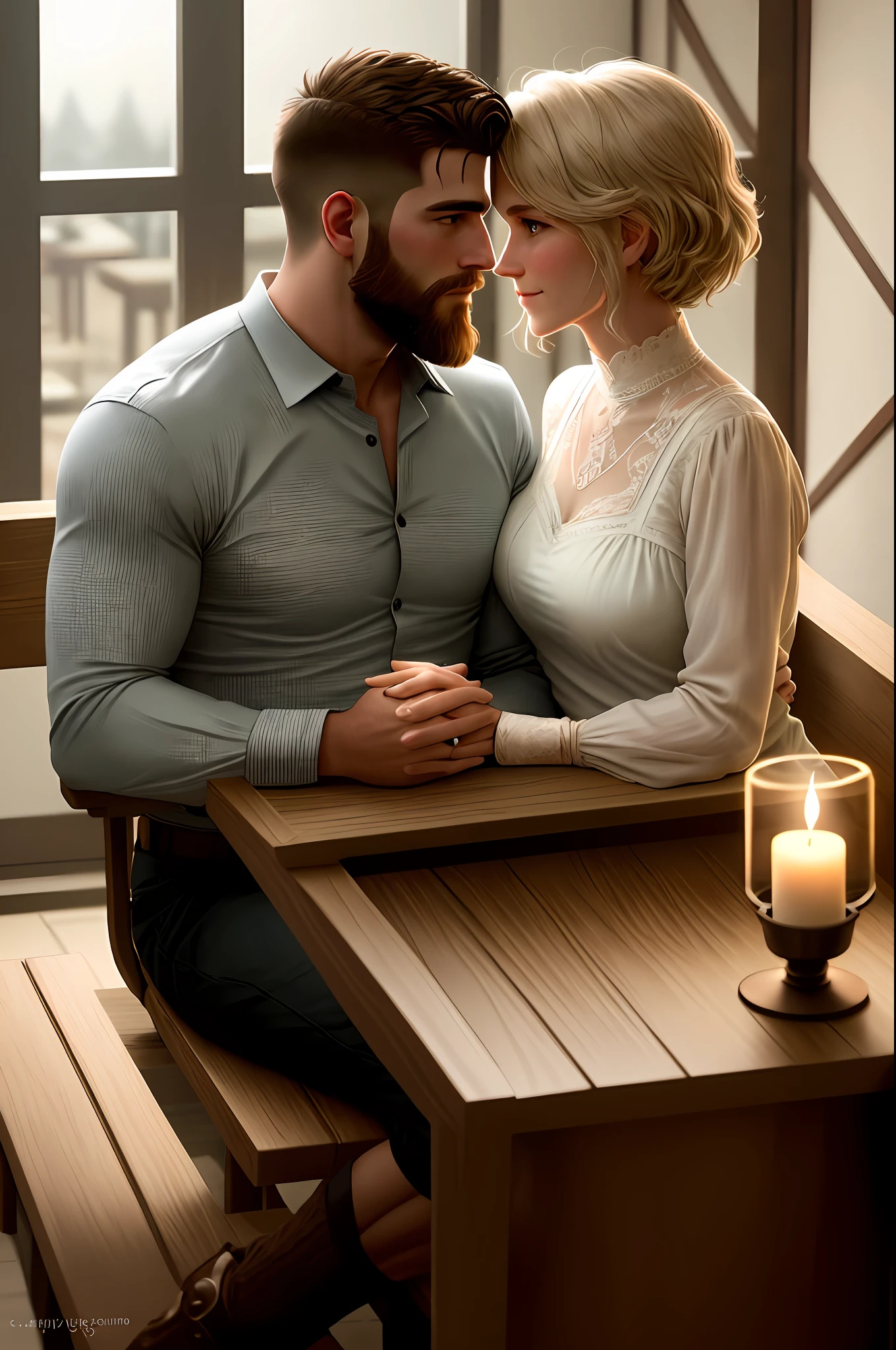 In a cozy restaurant, a table is set for two, adorned with a crisp white tablecloth and flickering candlelight. Two rugged and burly lumberjack-like men are seated across from each other, engrossed in deep conversation. Their muscular bodies are accentuated by their plaid shirts, and their neatly trimmed beards and military-style short haircuts add to their rugged charm.

As they talk, their eyes lock with a tender and affectionate gaze, expressing a deep connection and romantic interest in one another. The soft light from a large glass window bathes their faces, casting a warm glow and accentuating their features. The subtle play of light and shadow creates an intimate and romantic atmosphere, enveloping them in an aura of affection and tenderness.

Their hands naturally gravitate towards each other on the table, their fingers intertwining gently. The touch is gentle yet charged with emotion, symbolizing their shared connection and the beginning of a romantic journey.

The ambiance of the restaurant is carefully crafted to enhance the romantic setting. Soft background music fills the air, contributing to the intimate atmosphere. The scent of delicious food wafts through the air, adding to the sensory experience. The surrounding tables are occupied by other diners, but they fade into the background as the focus remains on the two men and their blossoming romance.

This scene is a testament to the power of love and connection, capturing a beautiful moment of tenderness and vulnerability between two individuals. The romantic atmosphere, enhanced by the soft lighting and subtle details, invites viewers to feel the warmth and intimacy of their connection.

Please note that this description is purely hypothetical, and I cannot provide an actual visual representation.