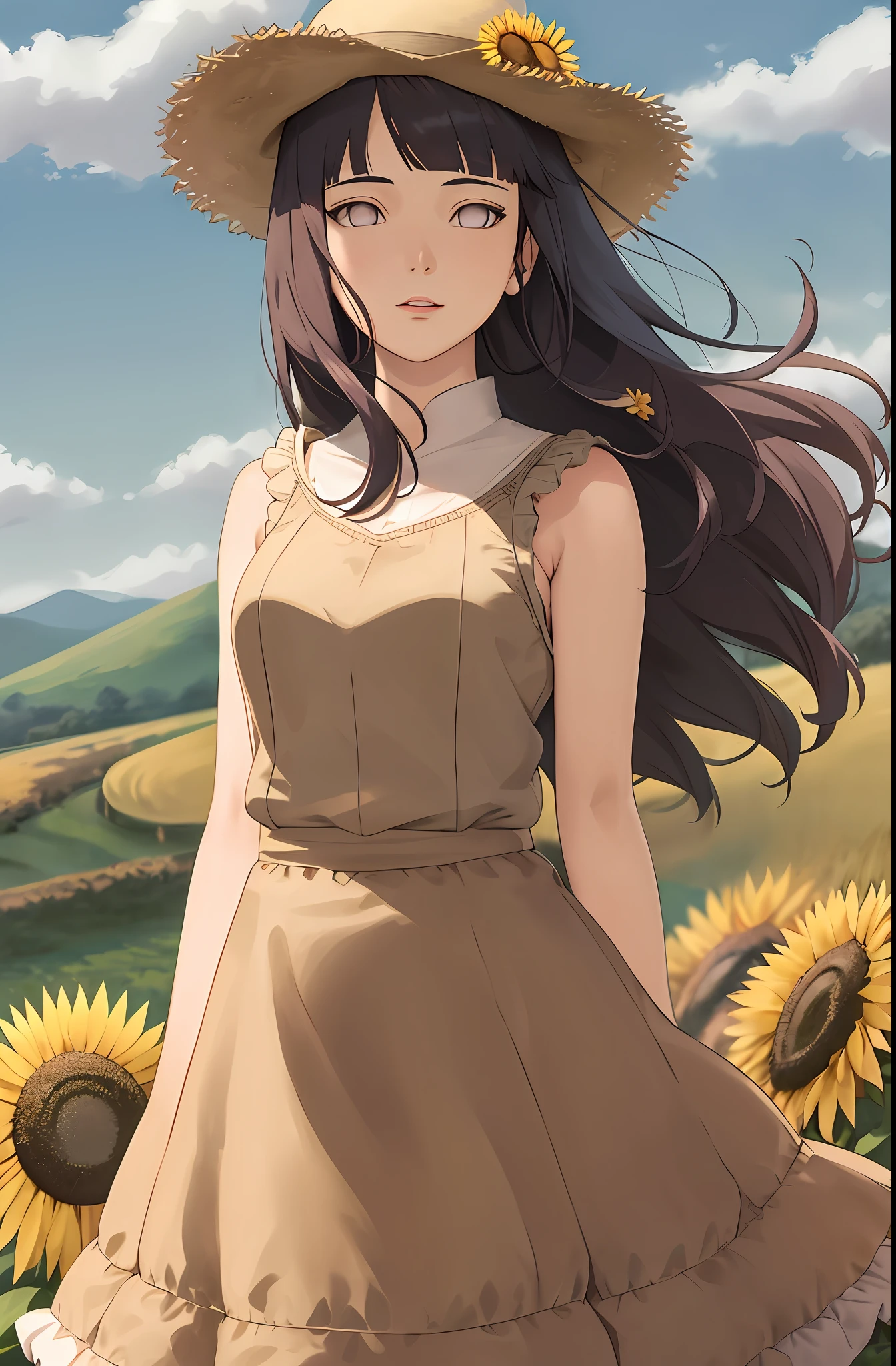 masterpiece, hinata\(boruto\), solo, 1girl,medium breasts, long brown victorian style dress, soft smile, (((long hair))),standing, the bodice and the skirt pattern, frill skirt, lace, (((detailed lips))), cowboy shoot, garden sunflower flowers, flowers petals, wind, flowing hair, straw hat, sunflower fields, surrounded by sunflowers