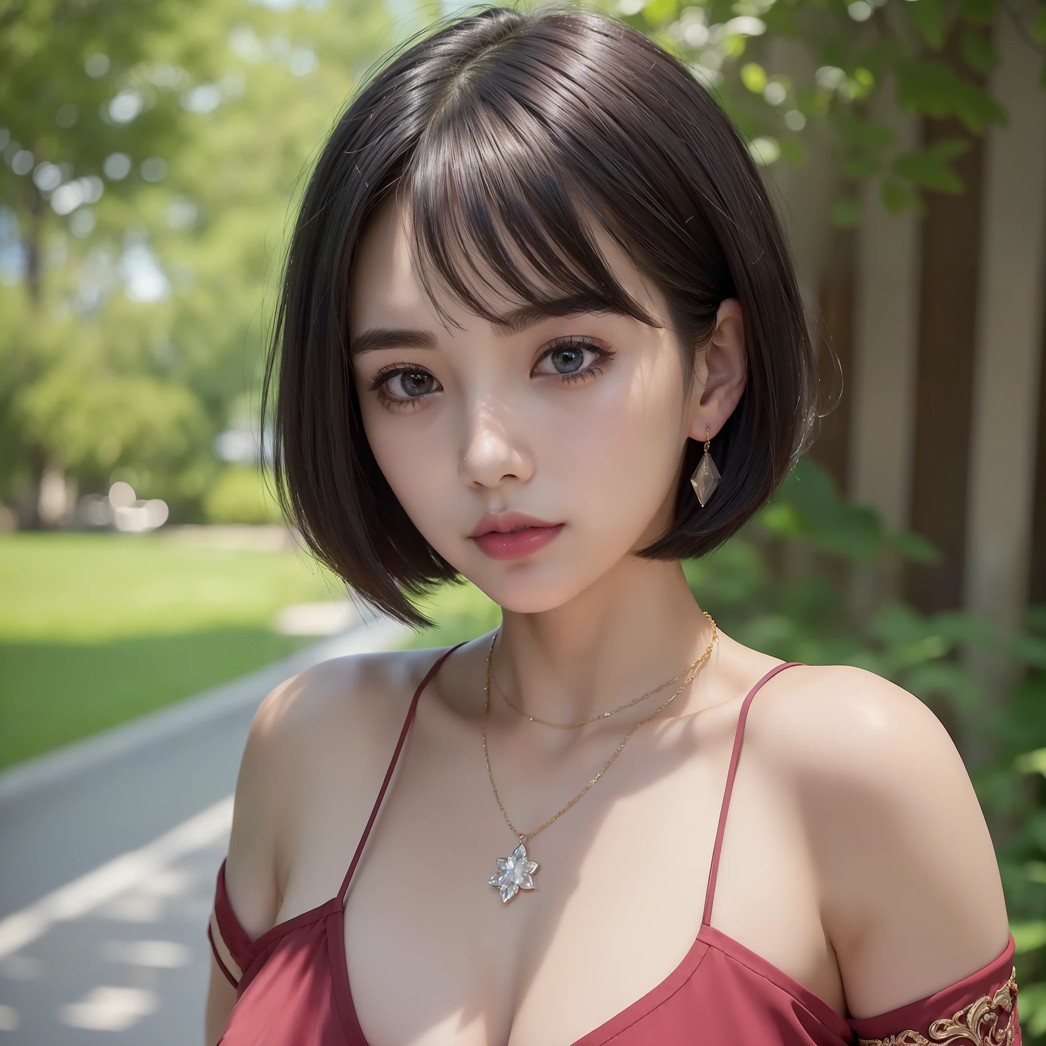 ((8k, top quality, masterpiece: 1.3)), (realistic, crisp focus: 1.2), very delicate and beautiful Japan girl: 1.4, beautiful girl with perfect style, super detailed, high resolution, highly detailed face and skin texture, beautiful detailed eyes, face light, nose blush, (((1 girl)), blue eyes, green eyes, red lips, eye makeup, (black hair, short hair, bob cut: 1.2), (medium breasts, Full body: 1.3), necklace, earrings, (short sleeves, cut-off shorts: 1.1), tattoo, slender abs: 1.2, shiny skin, park, outdoor, realistic shadows,