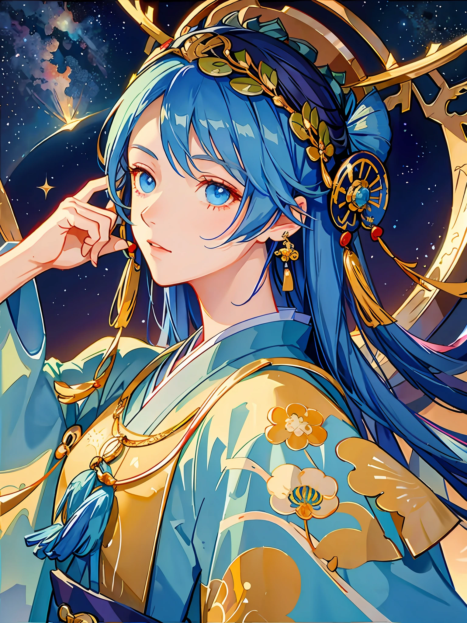 Van Gogh's starry sky painting style, the characters are the ignorant fire in the game of Onmyoji